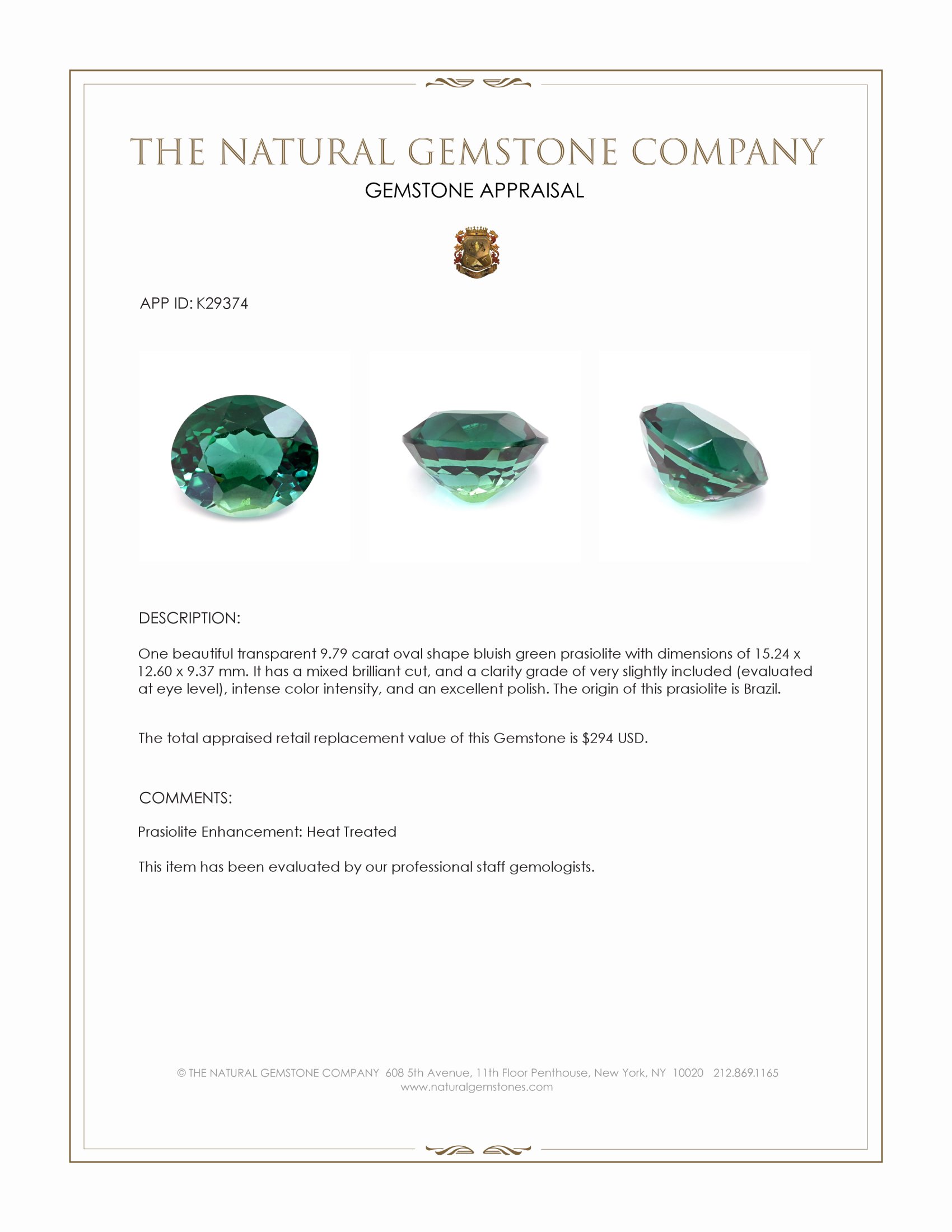 9.79 Ct. Bluish Green Prasiolite from Brazil