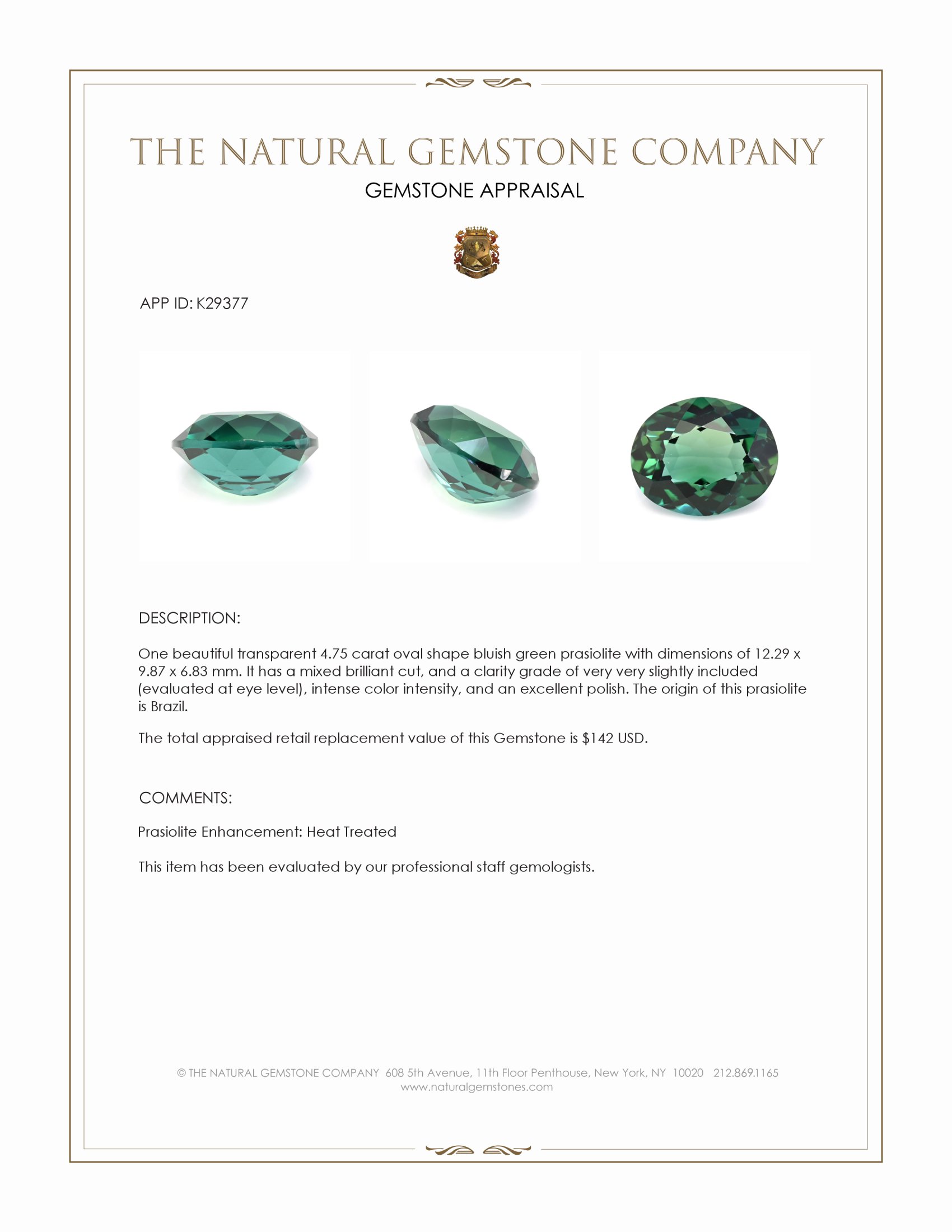 4.75 Ct. Bluish Green Prasiolite from Brazil