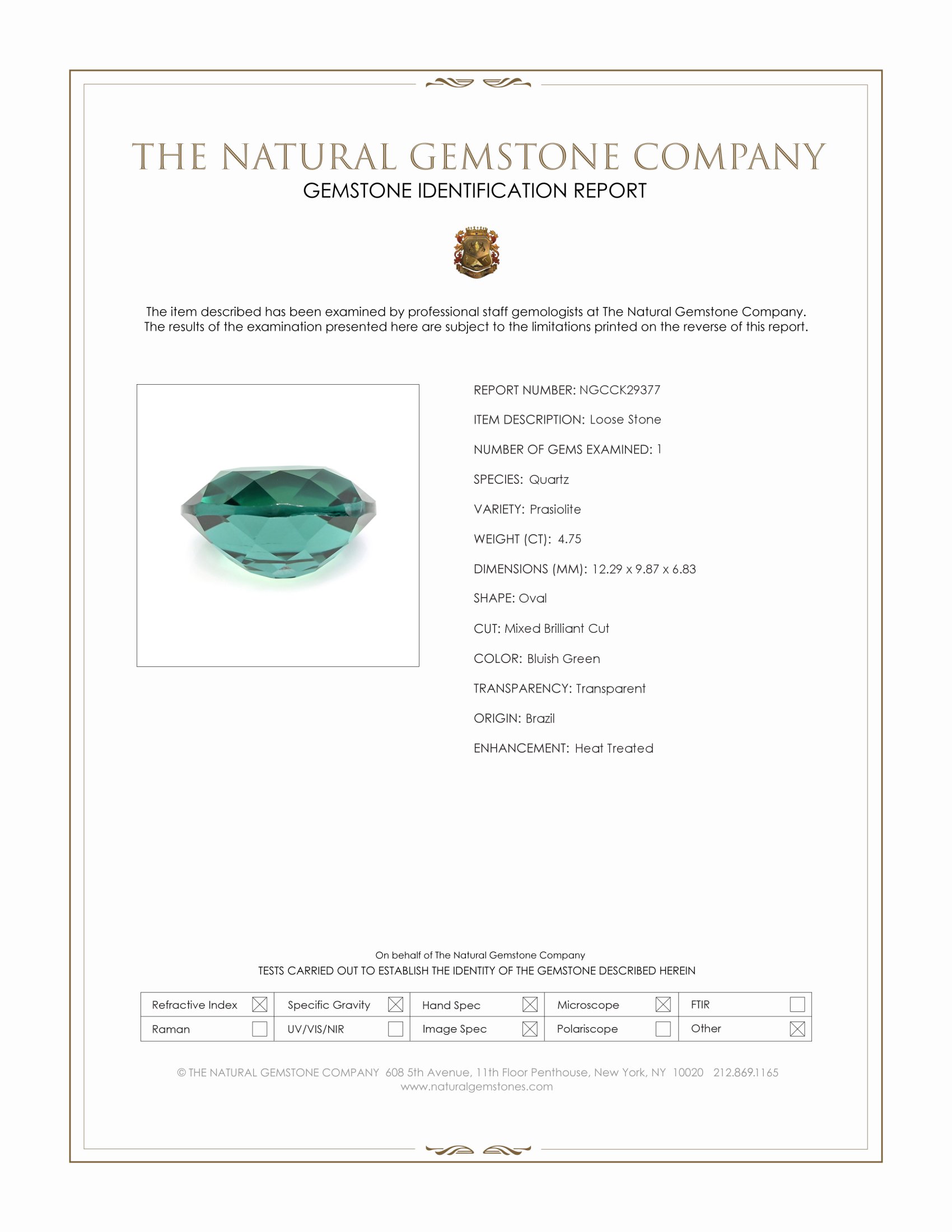 4.75 Ct. Bluish Green Prasiolite from Brazil