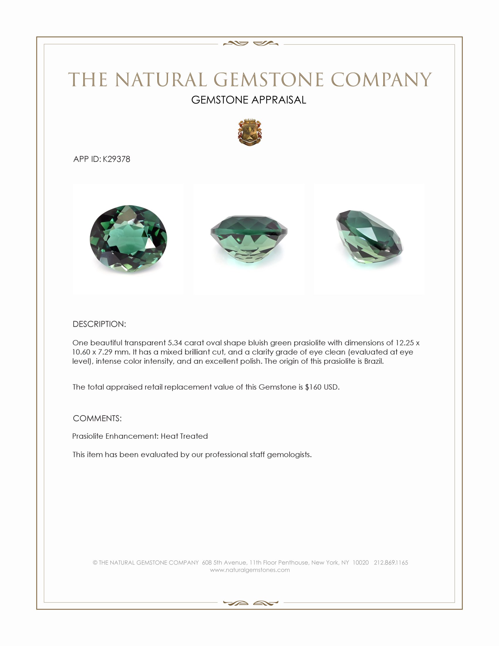 5.34 Ct. Bluish Green Prasiolite from Brazil