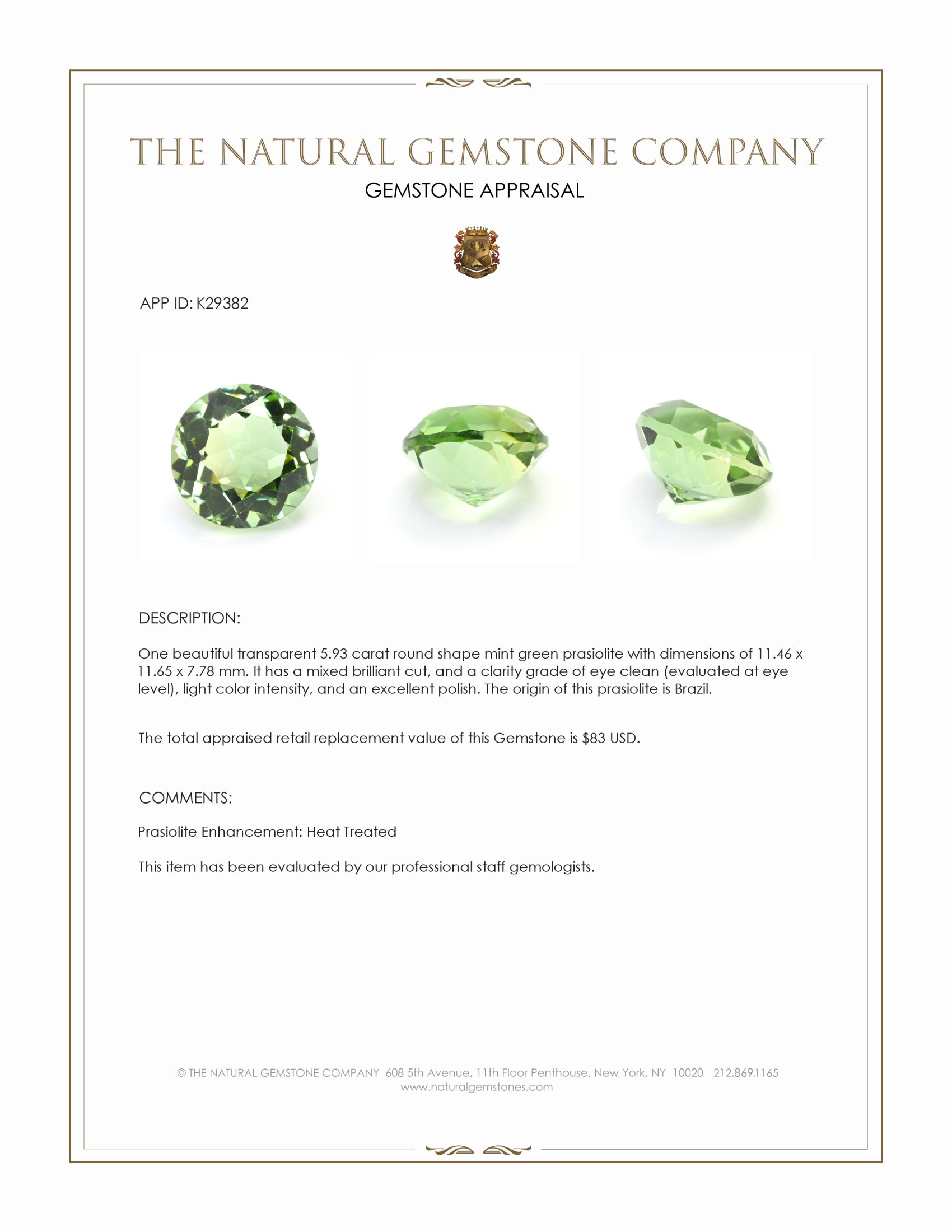 5.93 Ct. Mint Green Prasiolite from Brazil
