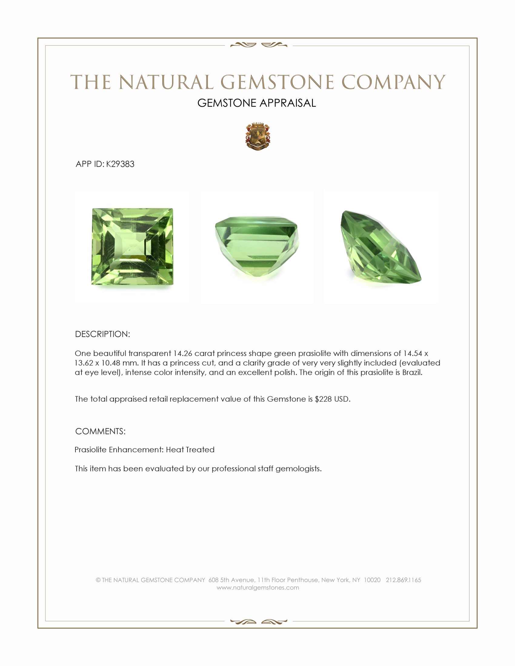 14.26 Ct. Green Prasiolite from Brazil