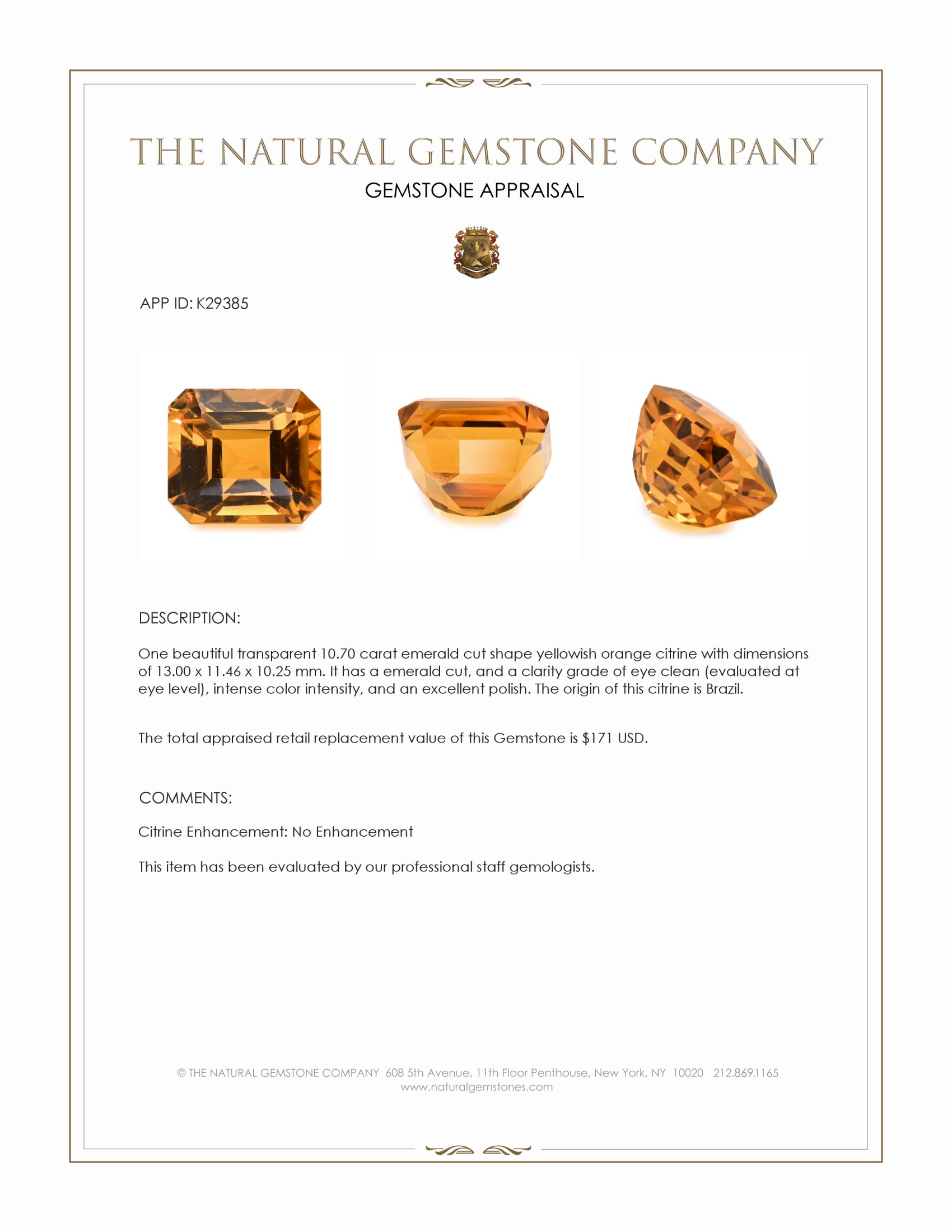 10.70 Ct. Yellowish Orange Citrine from Brazil