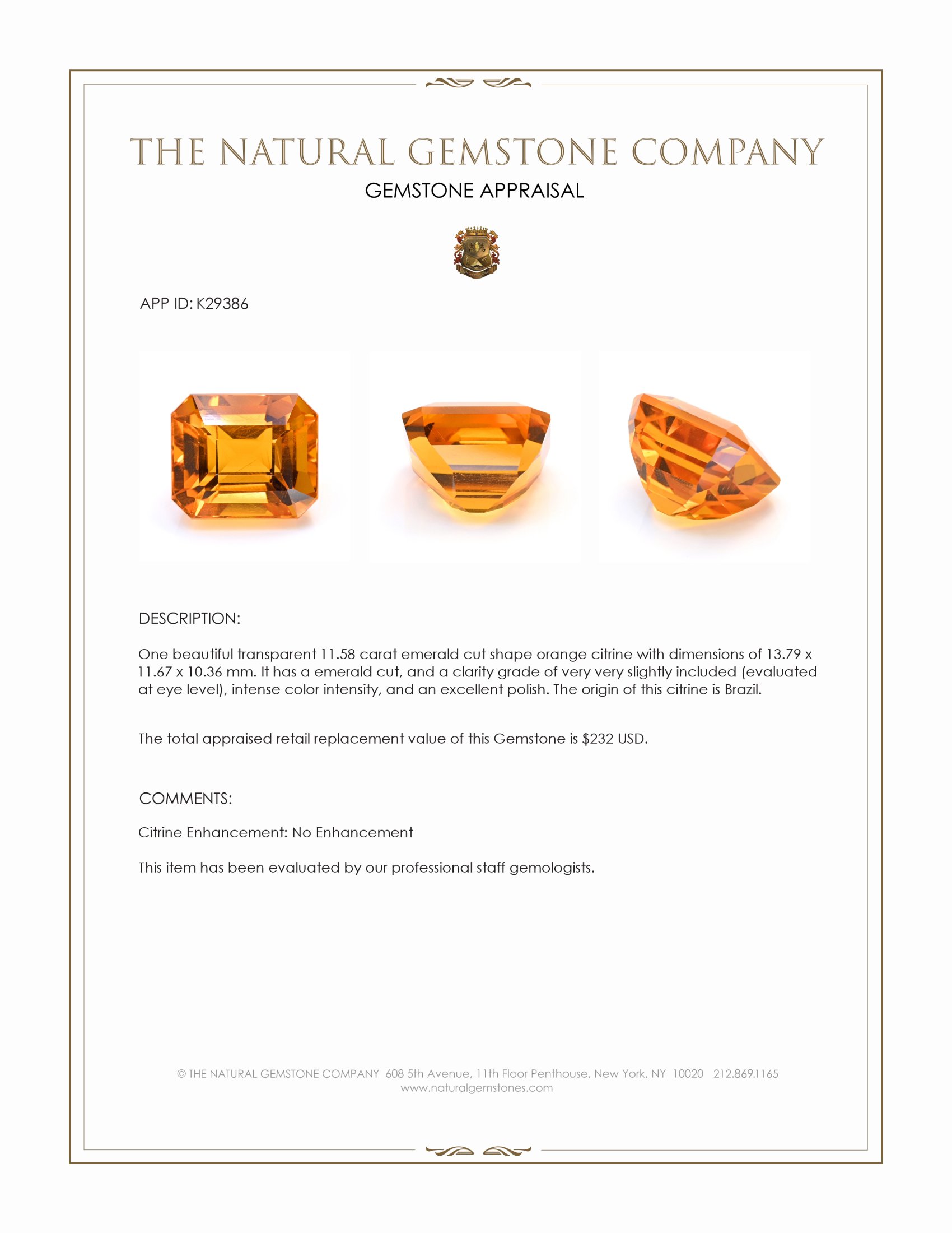 11.58 Ct. Orange Citrine from Brazil