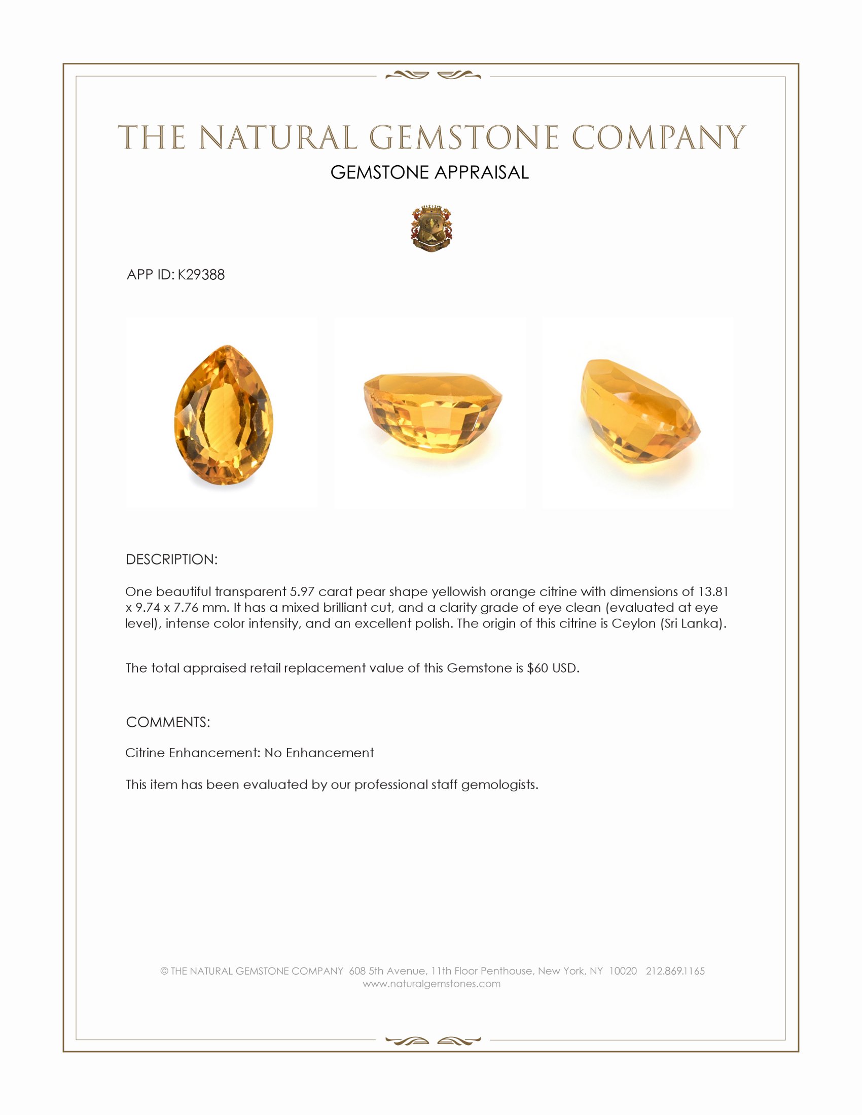5.97 Ct. Yellowish Orange Citrine from Ceylon (Sri Lanka)