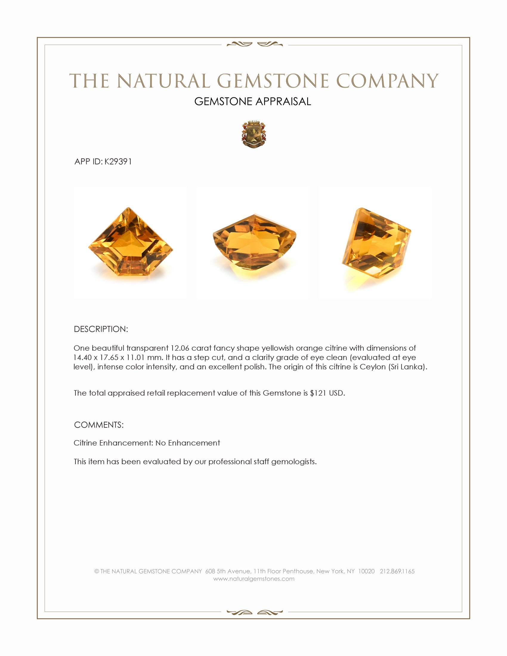 12.06 Ct. Yellowish Orange Citrine from Ceylon (Sri Lanka)
