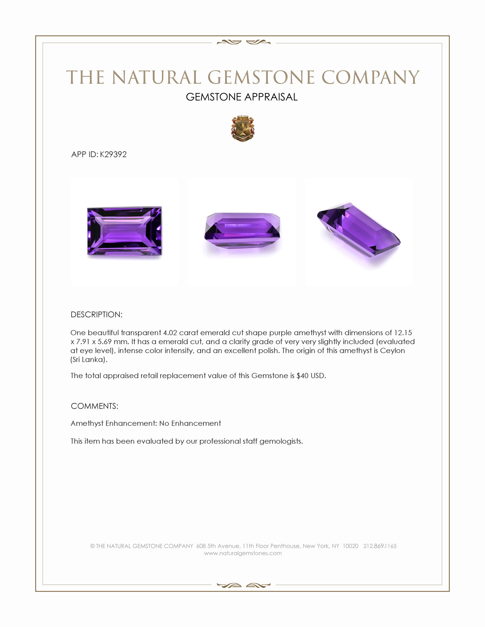 4.02 Ct. Purple Amethyst from Ceylon (Sri Lanka)