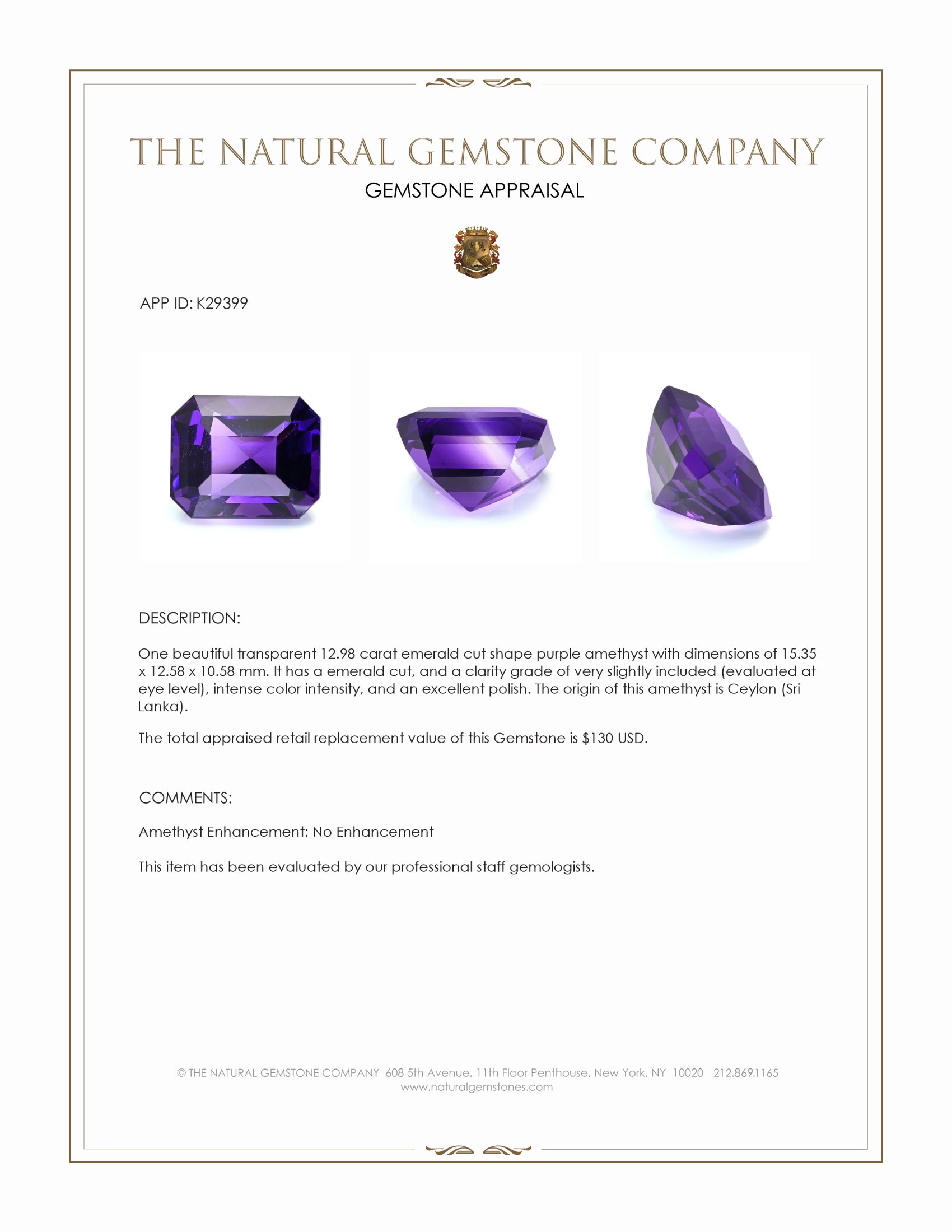 12.98 Ct. Purple Amethyst from Ceylon (Sri Lanka)