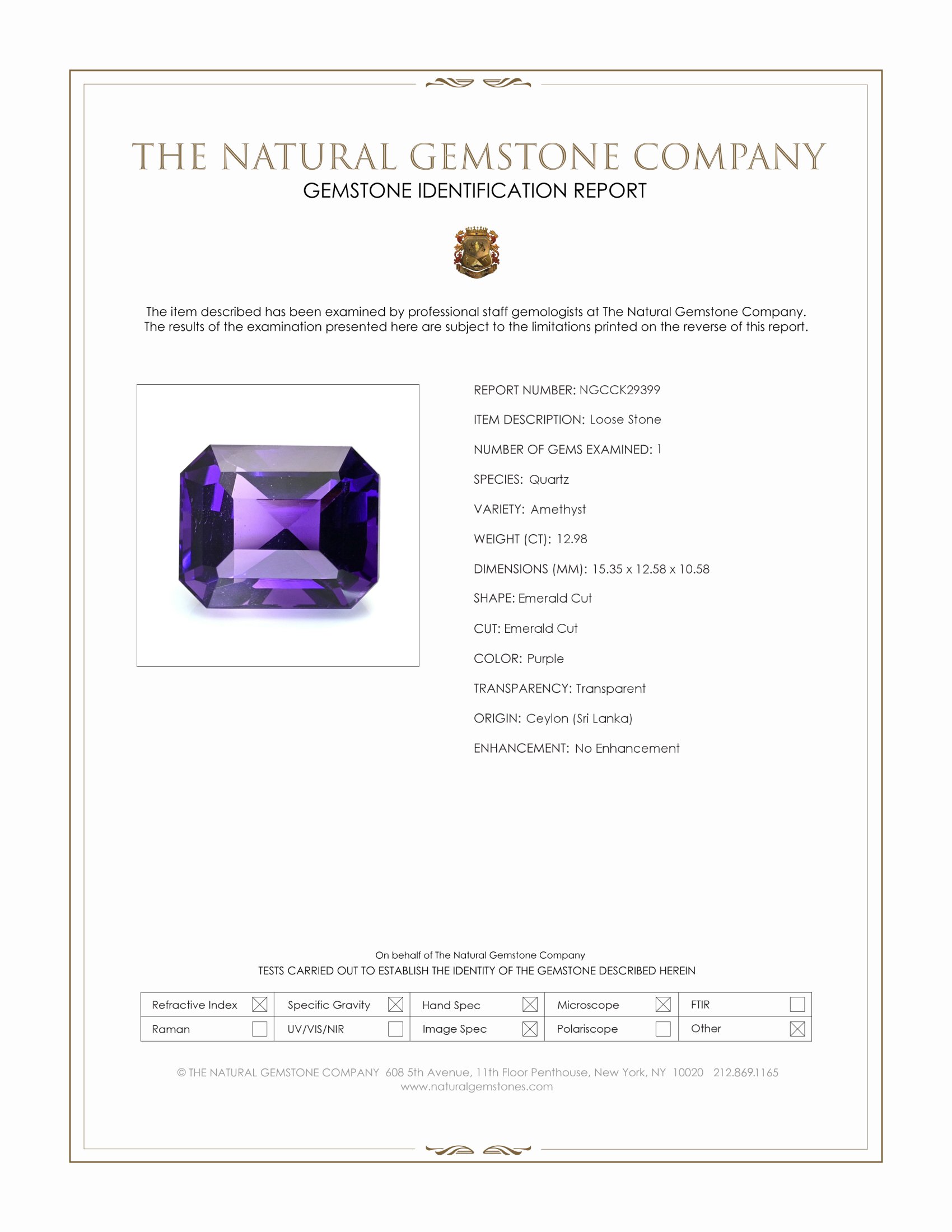 12.98 Ct. Purple Amethyst from Ceylon (Sri Lanka)
