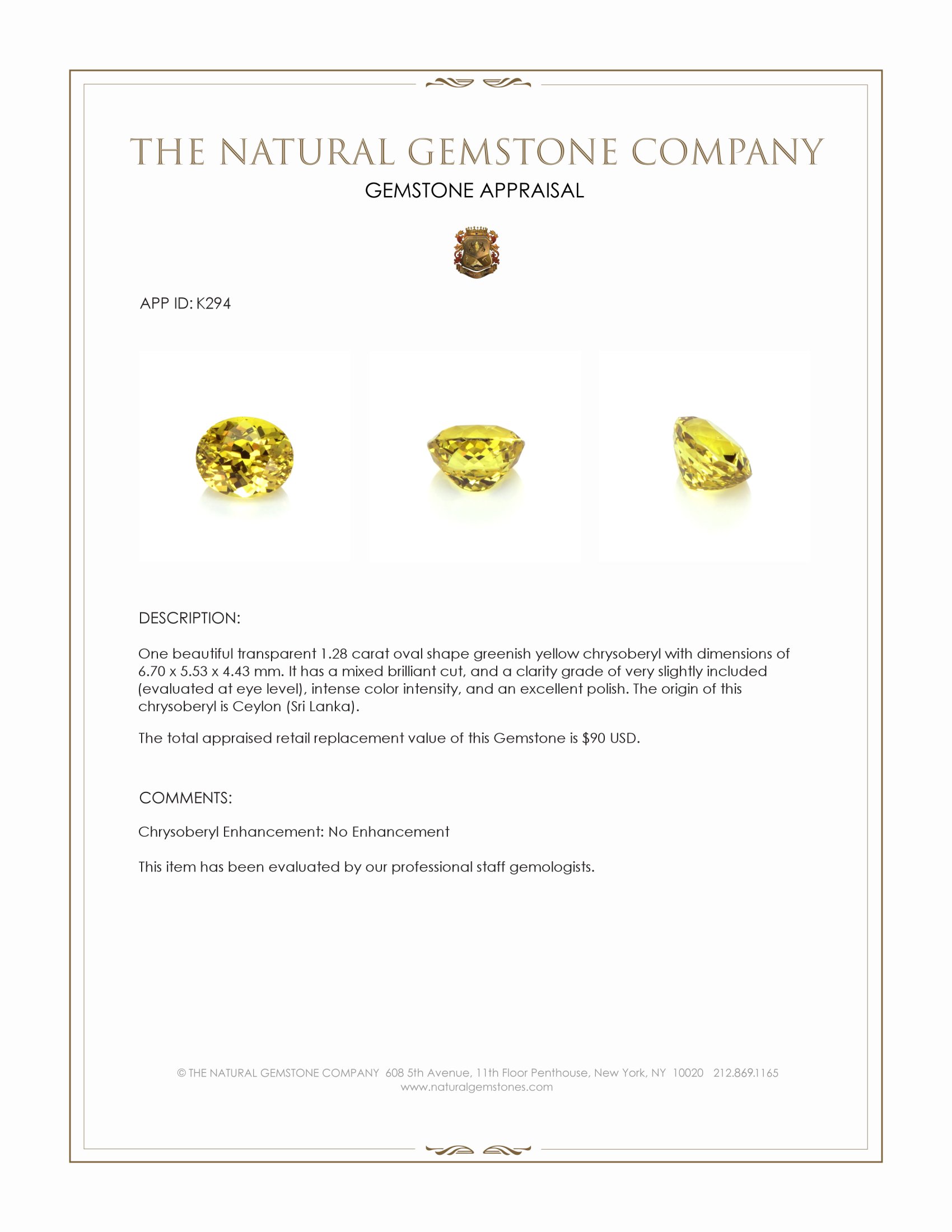 1.28 Ct. Greenish Yellow Chrysoberyl from Ceylon (Sri Lanka)