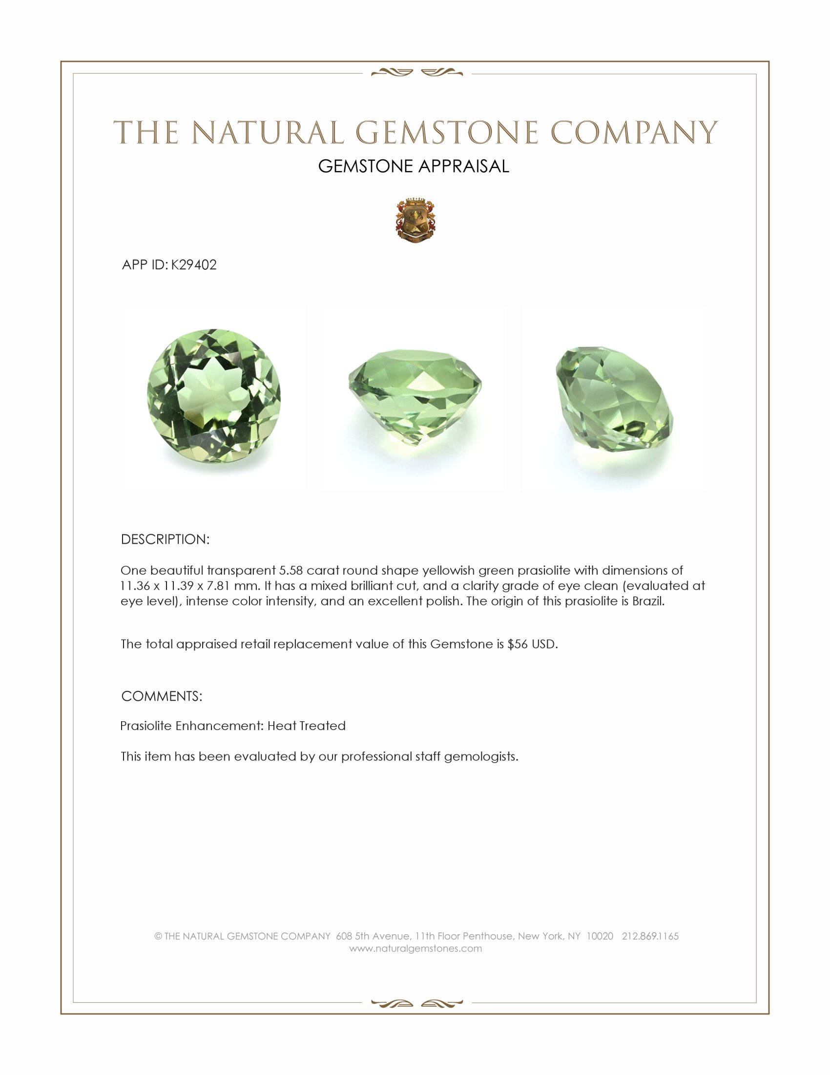 5.58 Ct. Yellowish Green Prasiolite from Brazil
