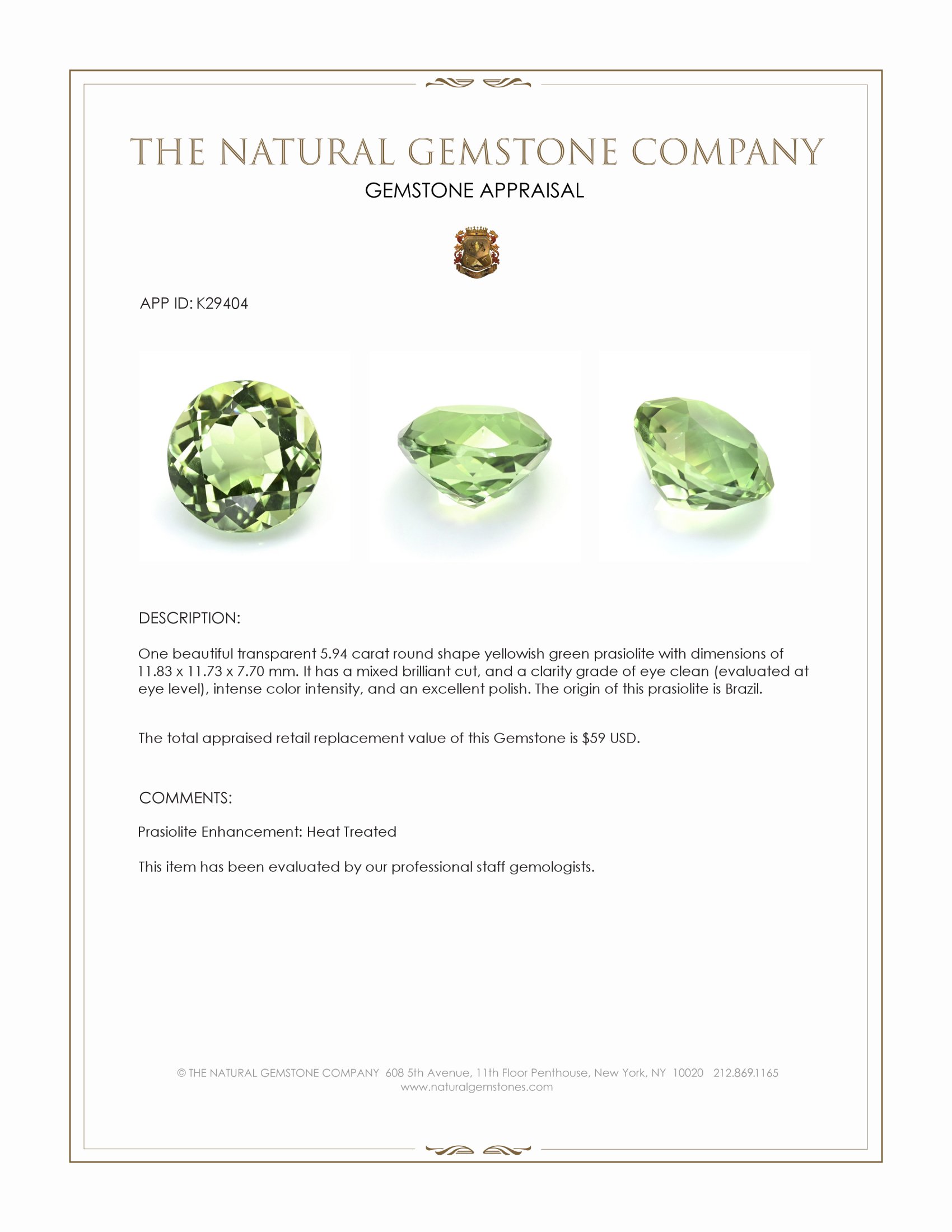 5.94 Ct. Yellowish Green Prasiolite from Brazil