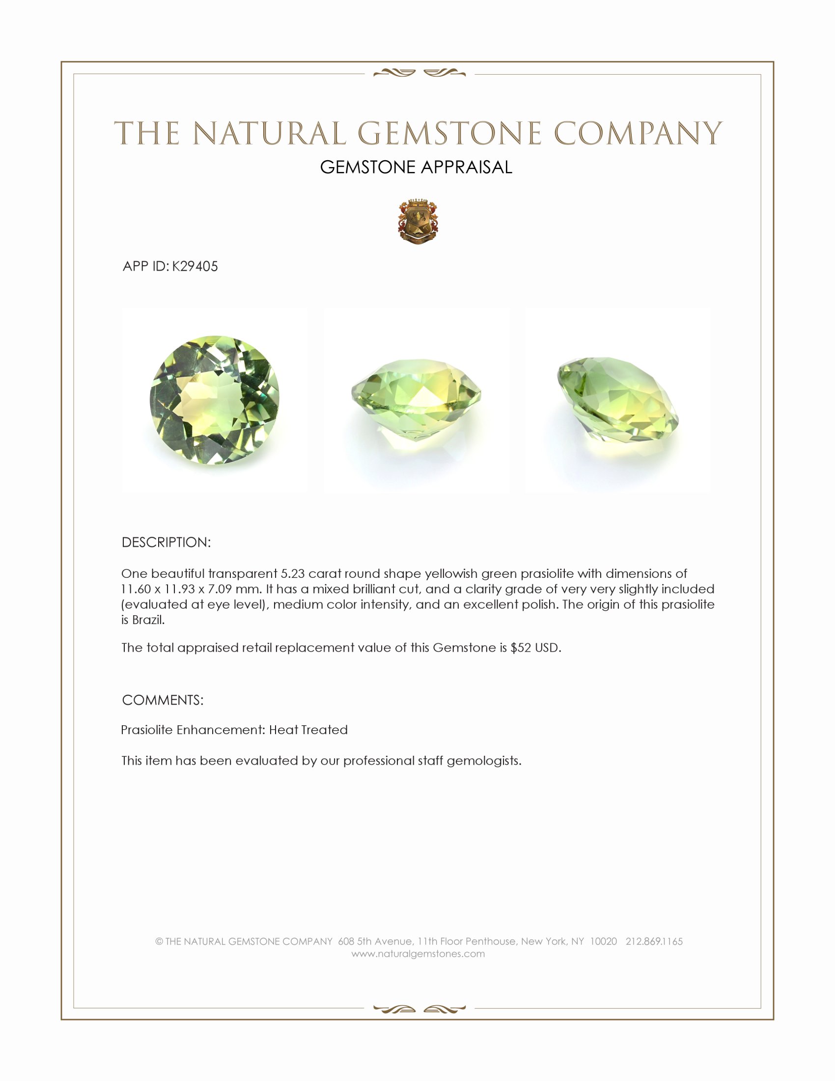 5.23 Ct. Yellowish Green Prasiolite from Brazil