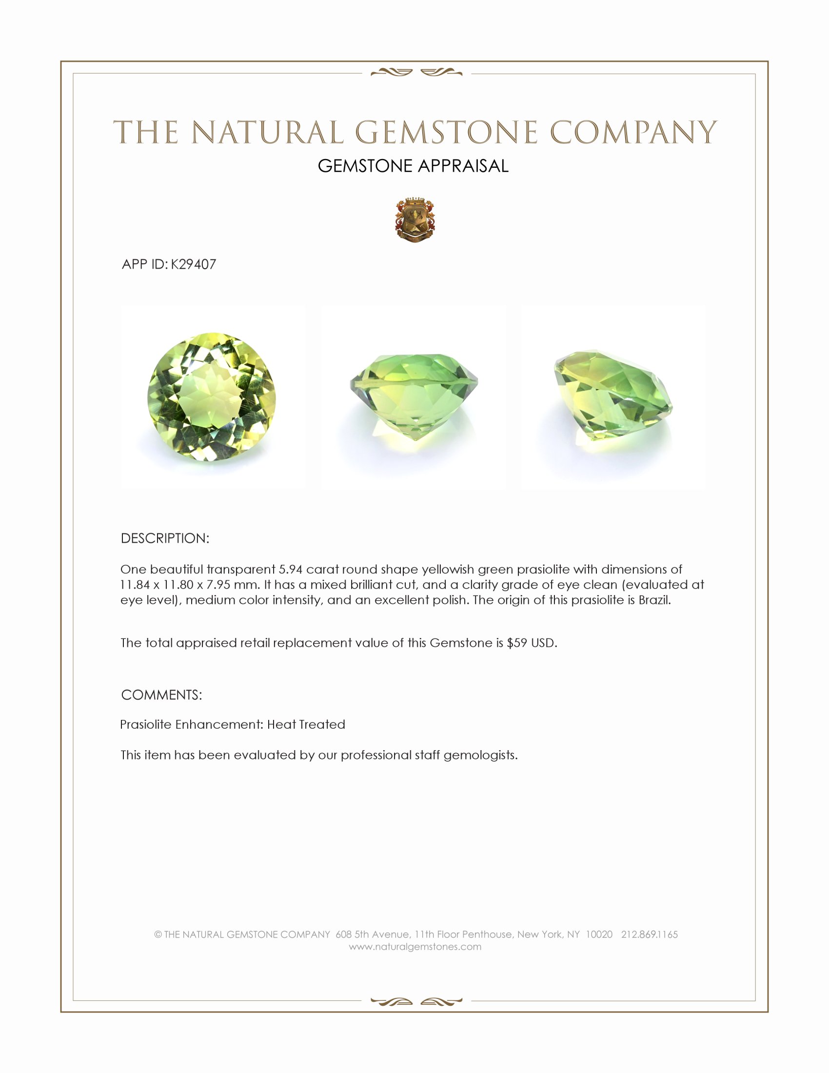 5.94 Ct. Yellowish Green Prasiolite from Brazil