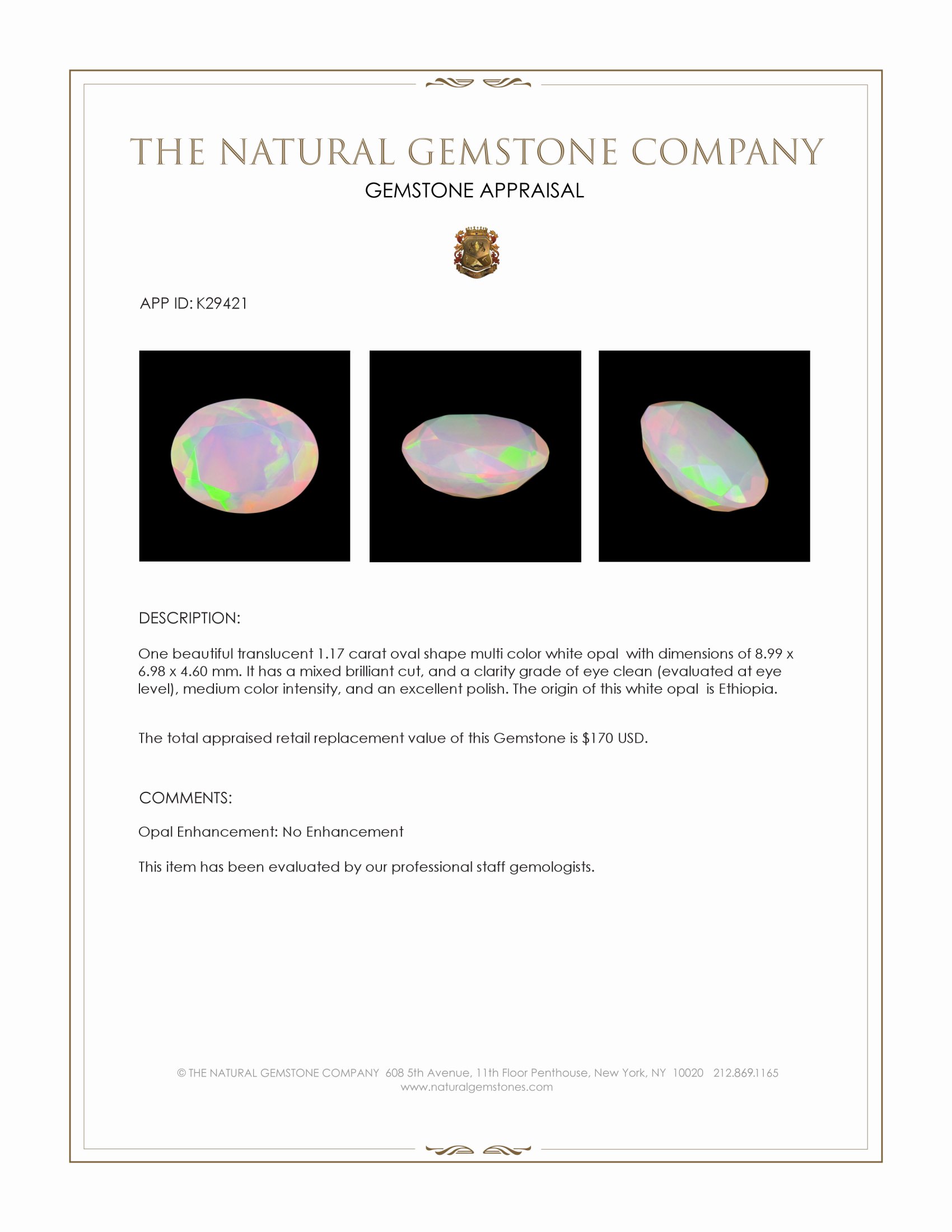 1.17 Ct. Multi Color White Opal (Light Opal) from Ethiopia