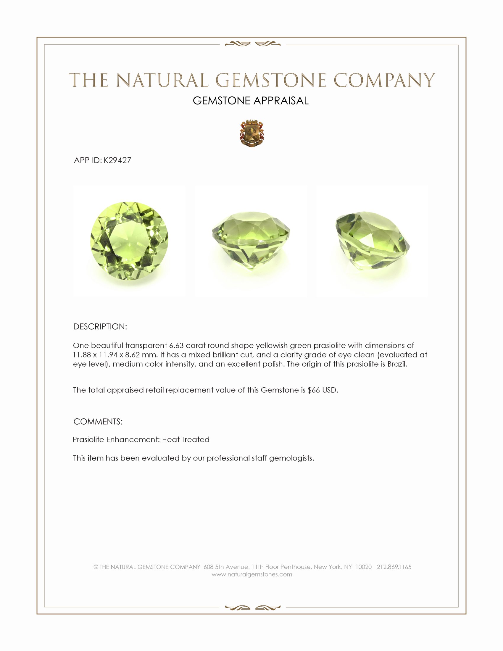 6.63 Ct. Yellowish Green Prasiolite from Brazil