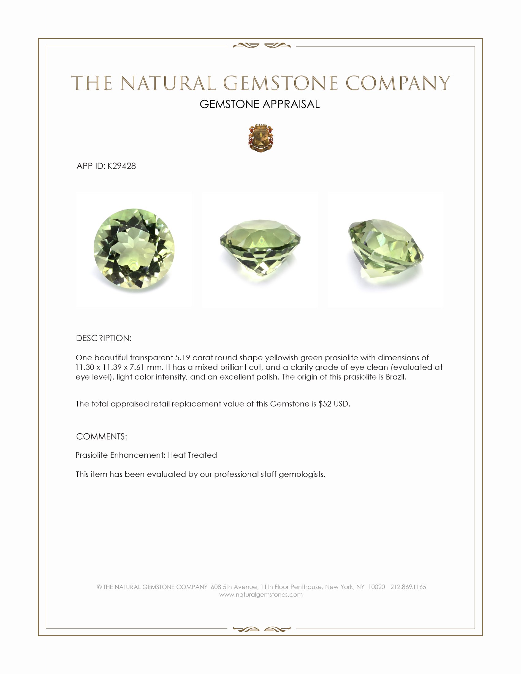 5.19 Ct. Yellowish Green Prasiolite from Brazil