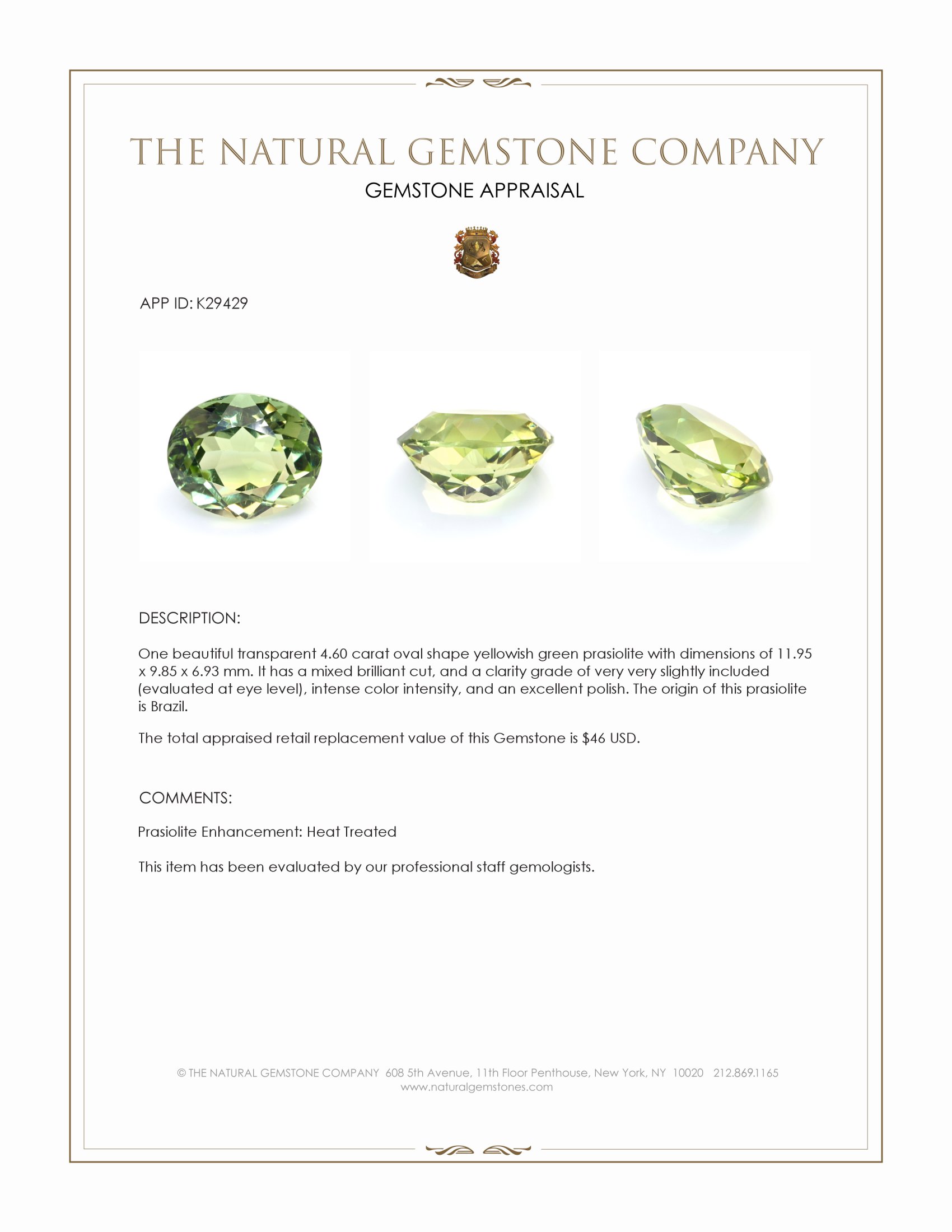 4.60 Ct. Yellowish Green Prasiolite from Brazil