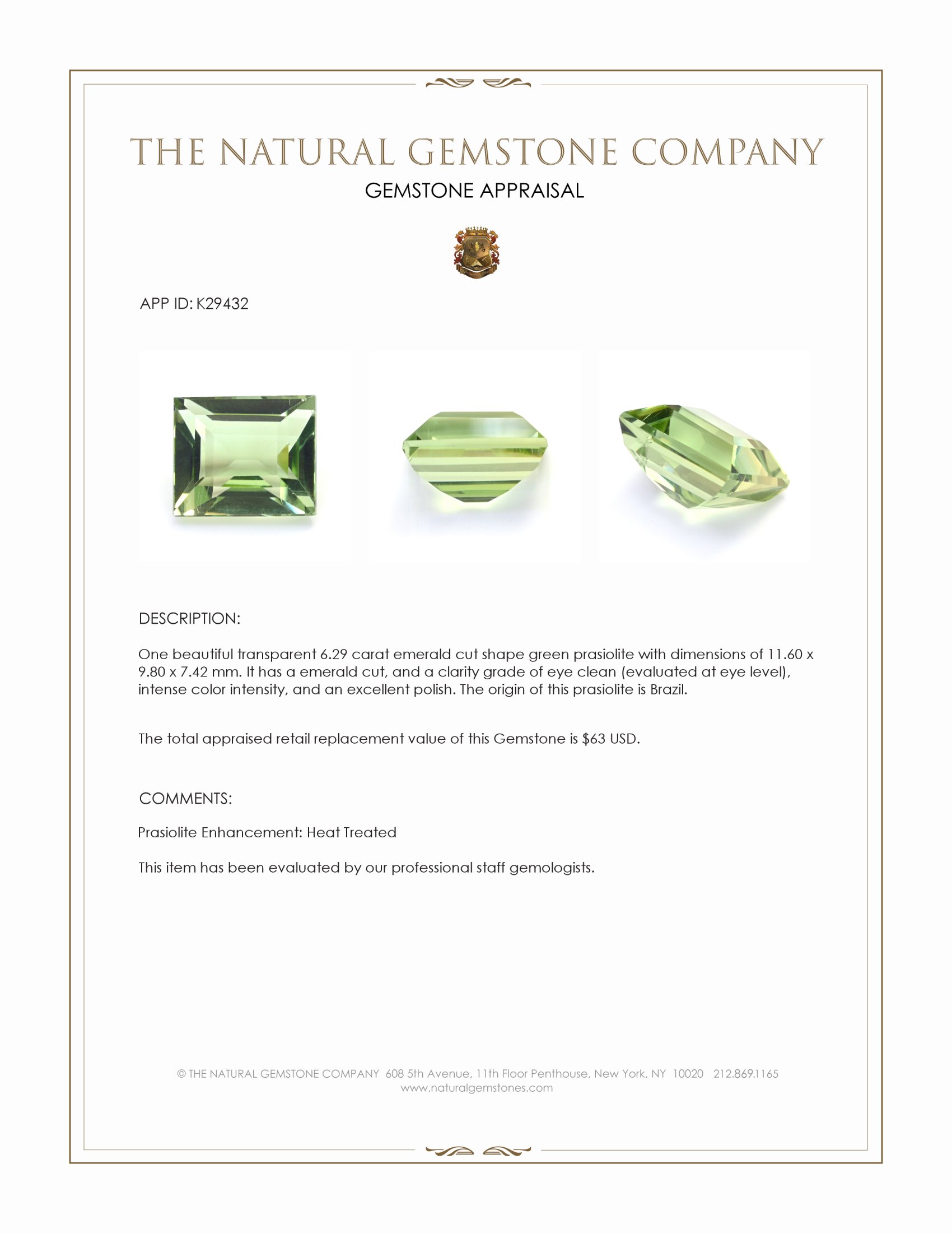 6.29 Ct. Green Prasiolite from Brazil