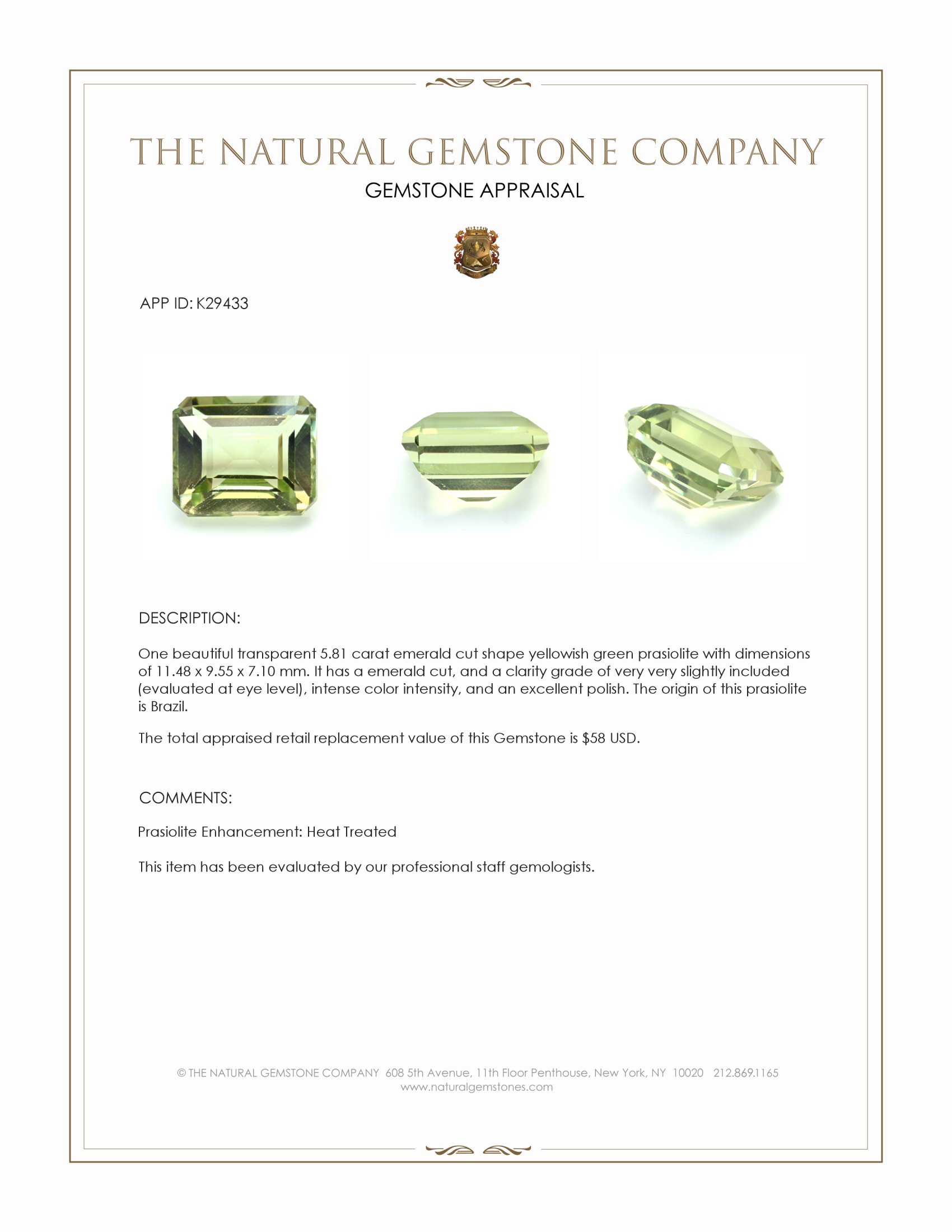 5.81 Ct. Yellowish Green Prasiolite from Brazil