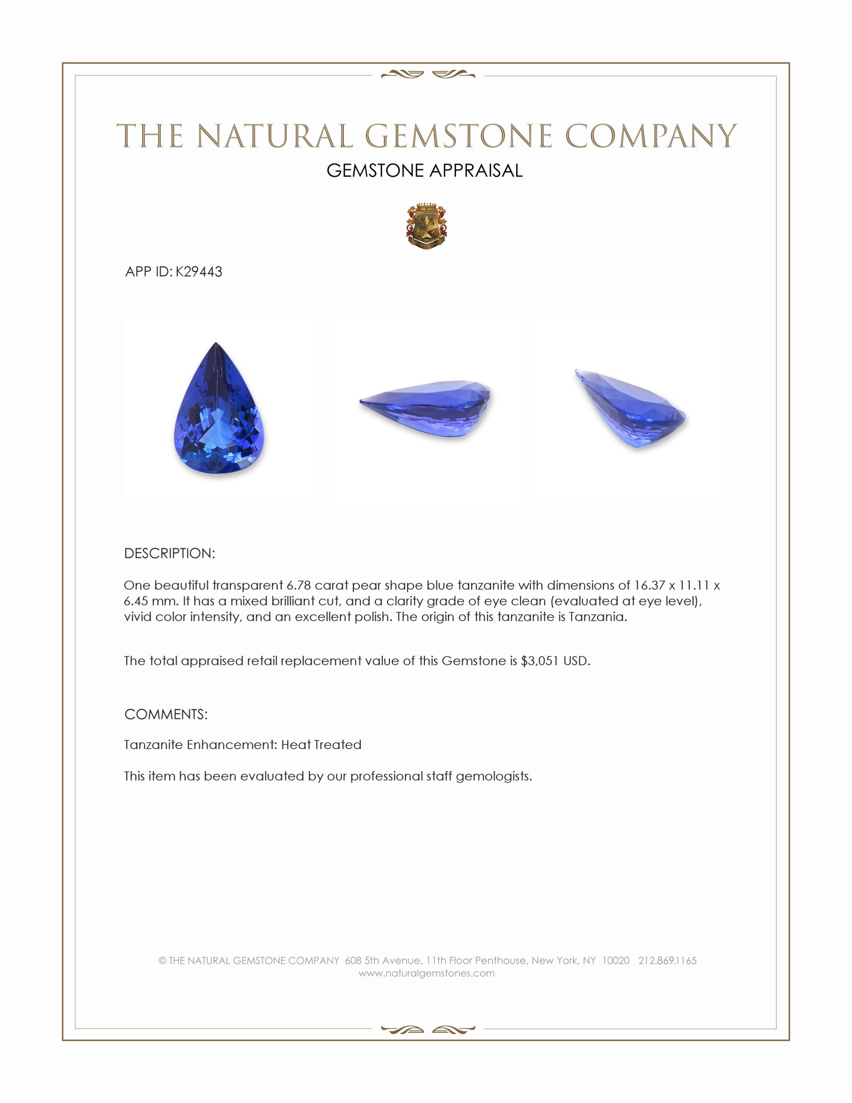 6.78 Ct. Blue Tanzanite from Tanzania