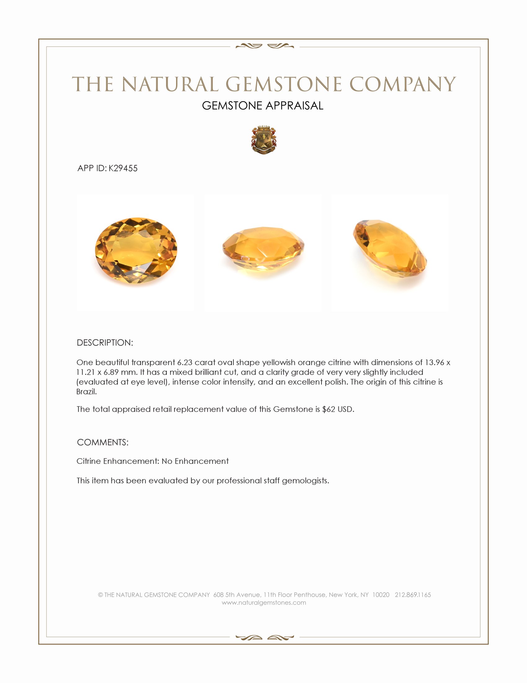 6.23 Ct. Yellowish Orange Citrine from Brazil