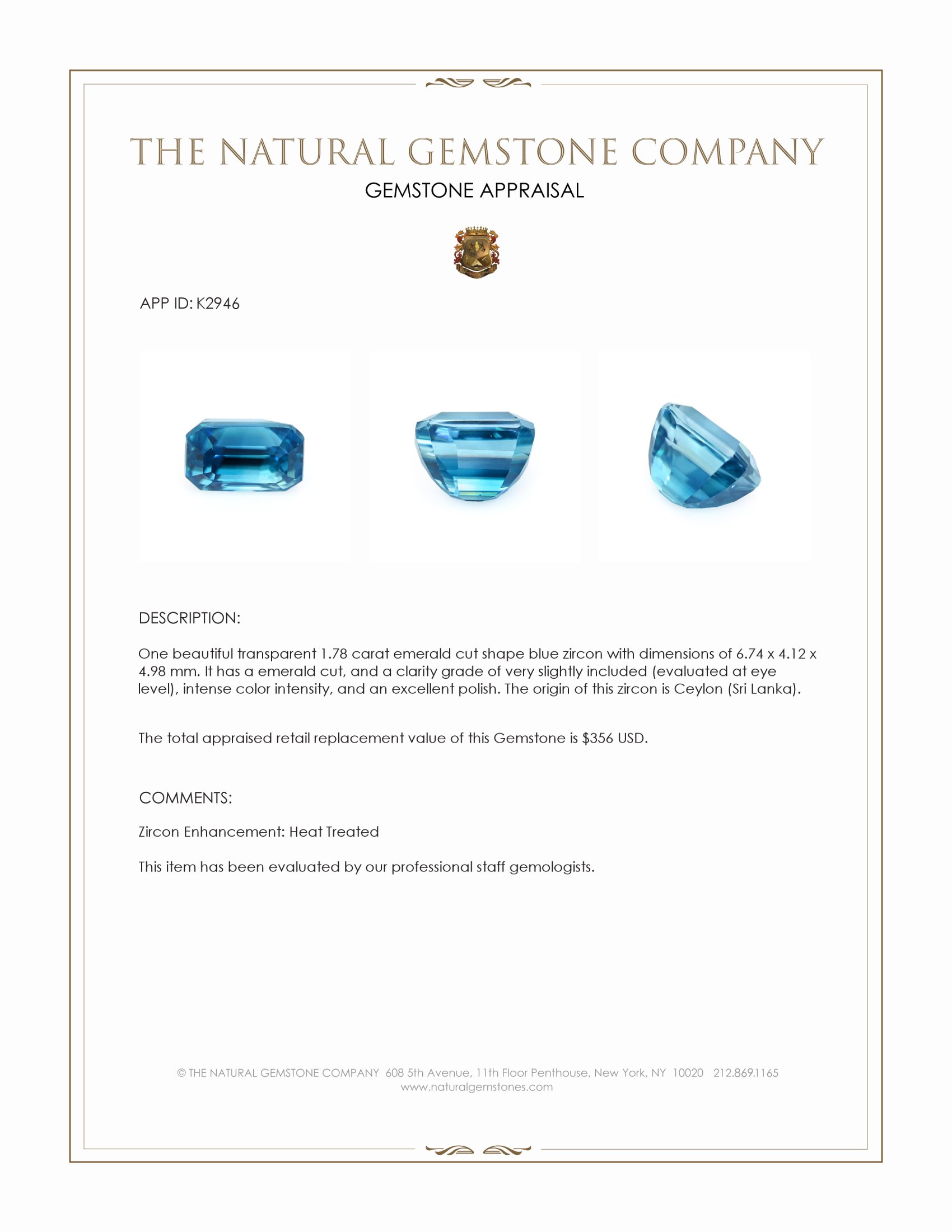 1.78 Ct. Blue Zircon from Ceylon (Sri Lanka)