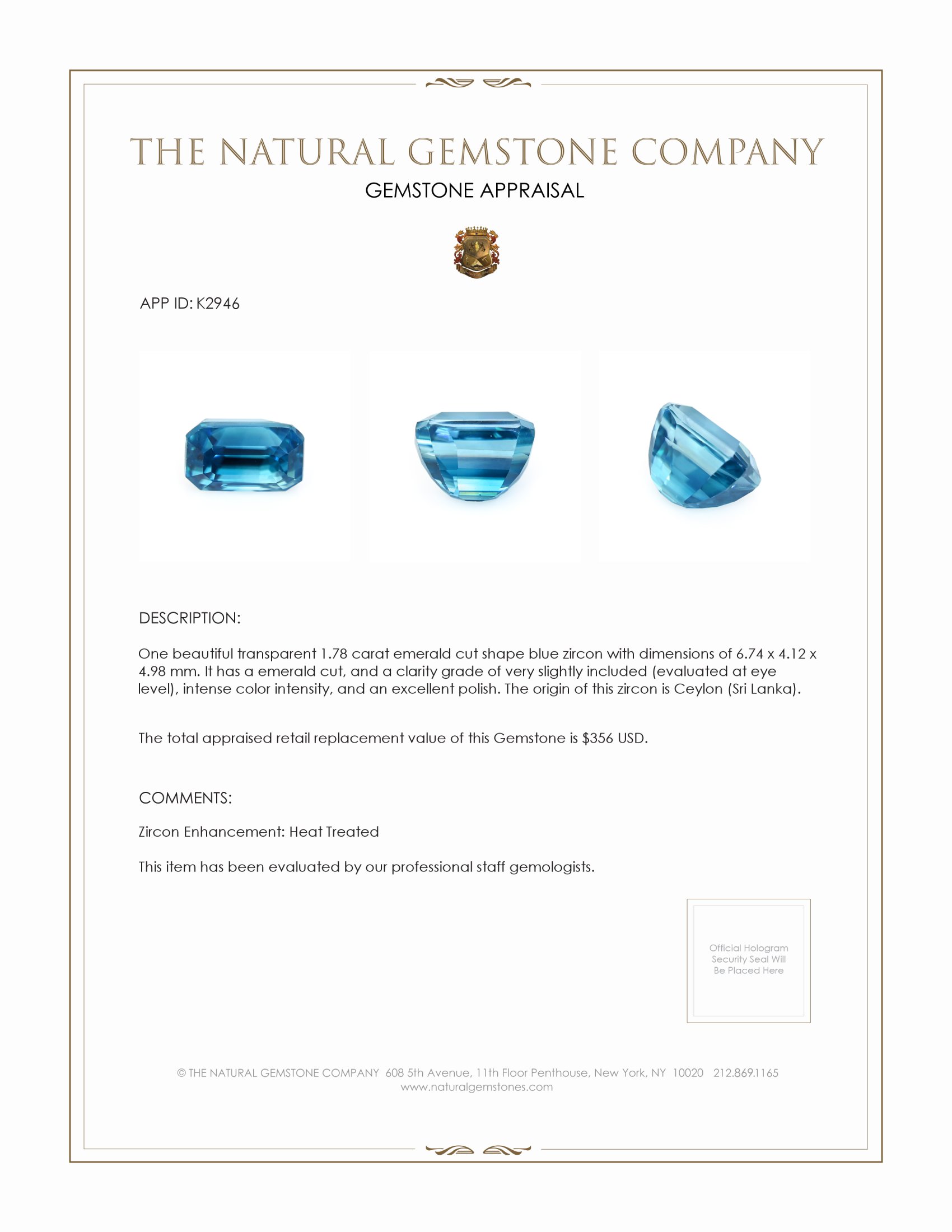 1.78 Ct. Zircon from Ceylon (Sri Lanka)