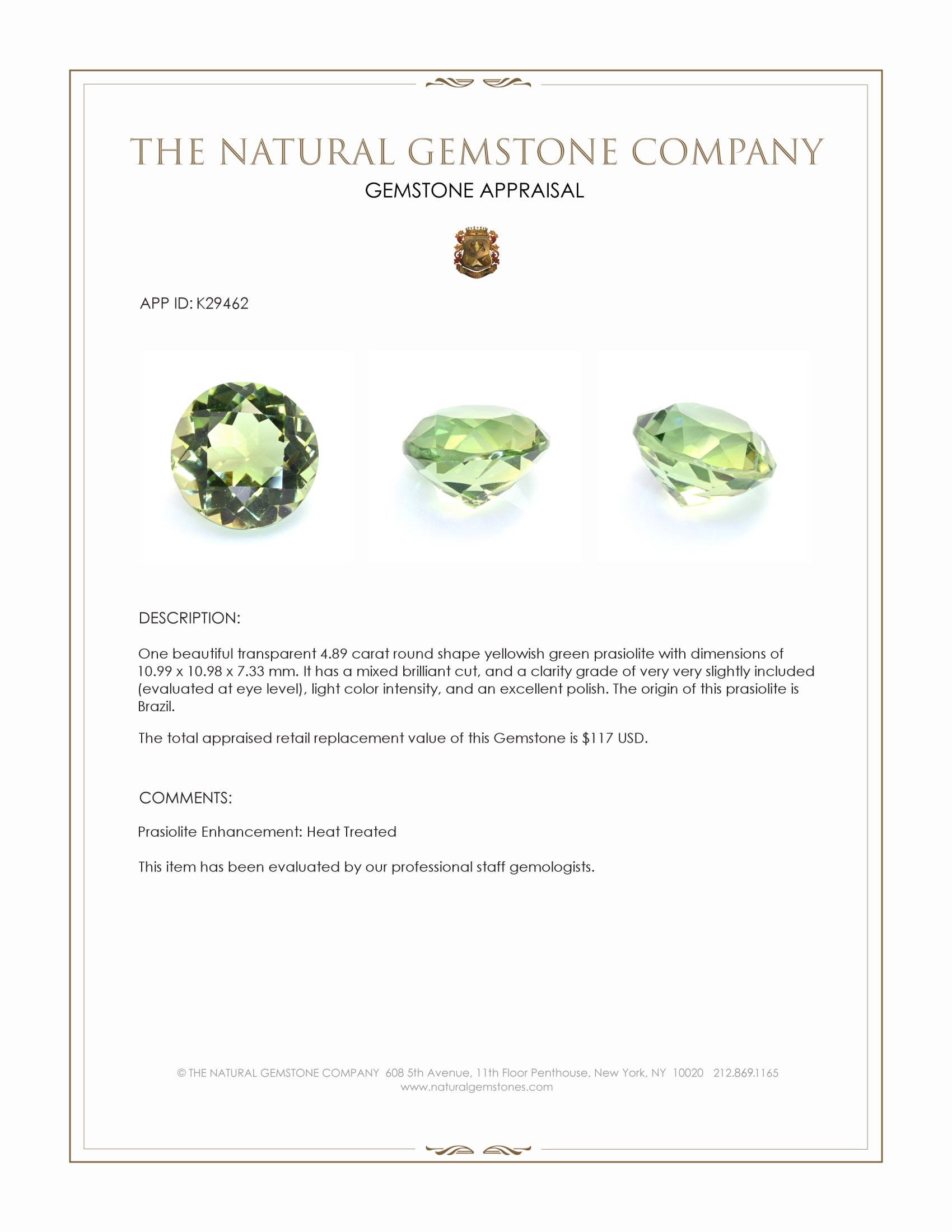 4.89 Ct. Yellowish Green Prasiolite from Brazil