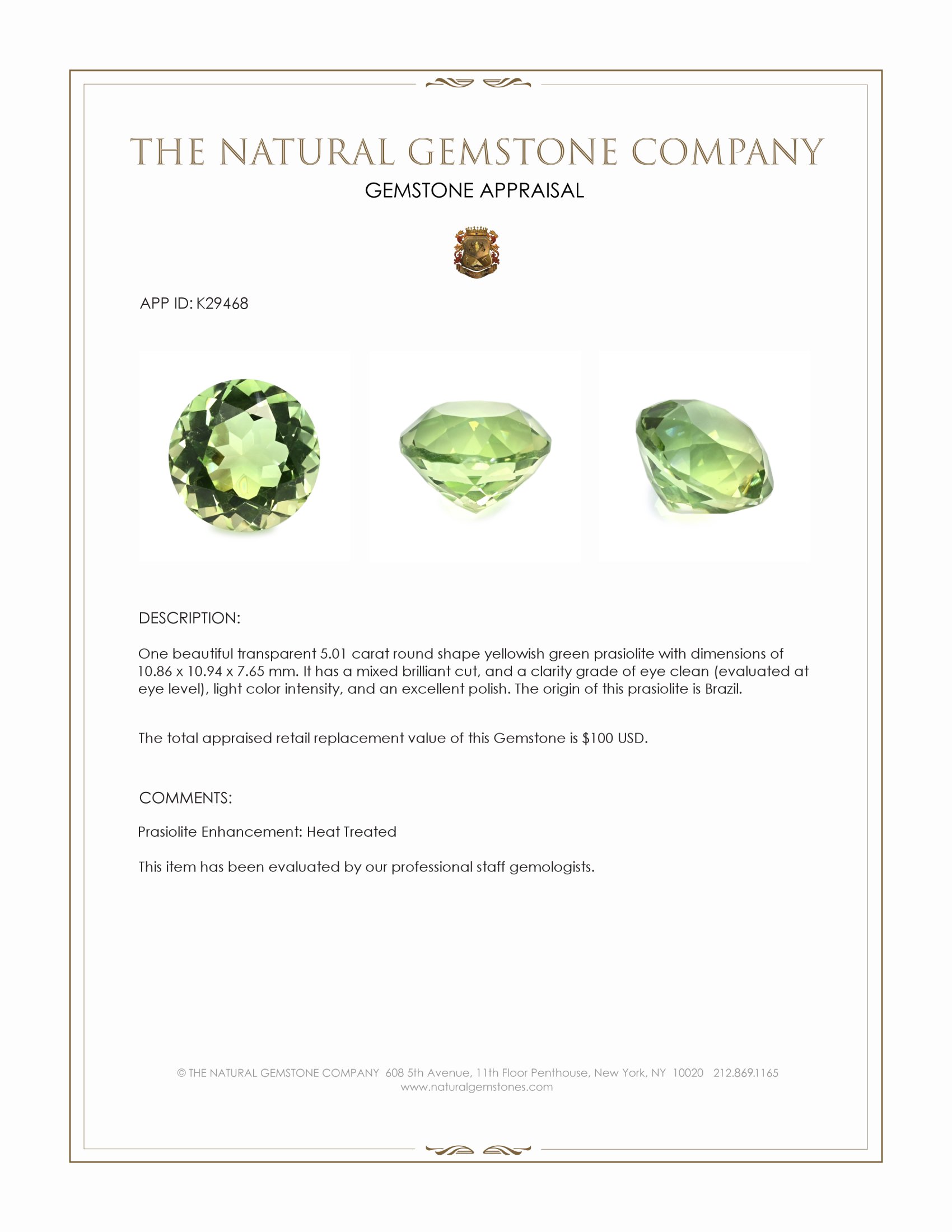 5.01 Ct. Yellowish Green Prasiolite from Brazil