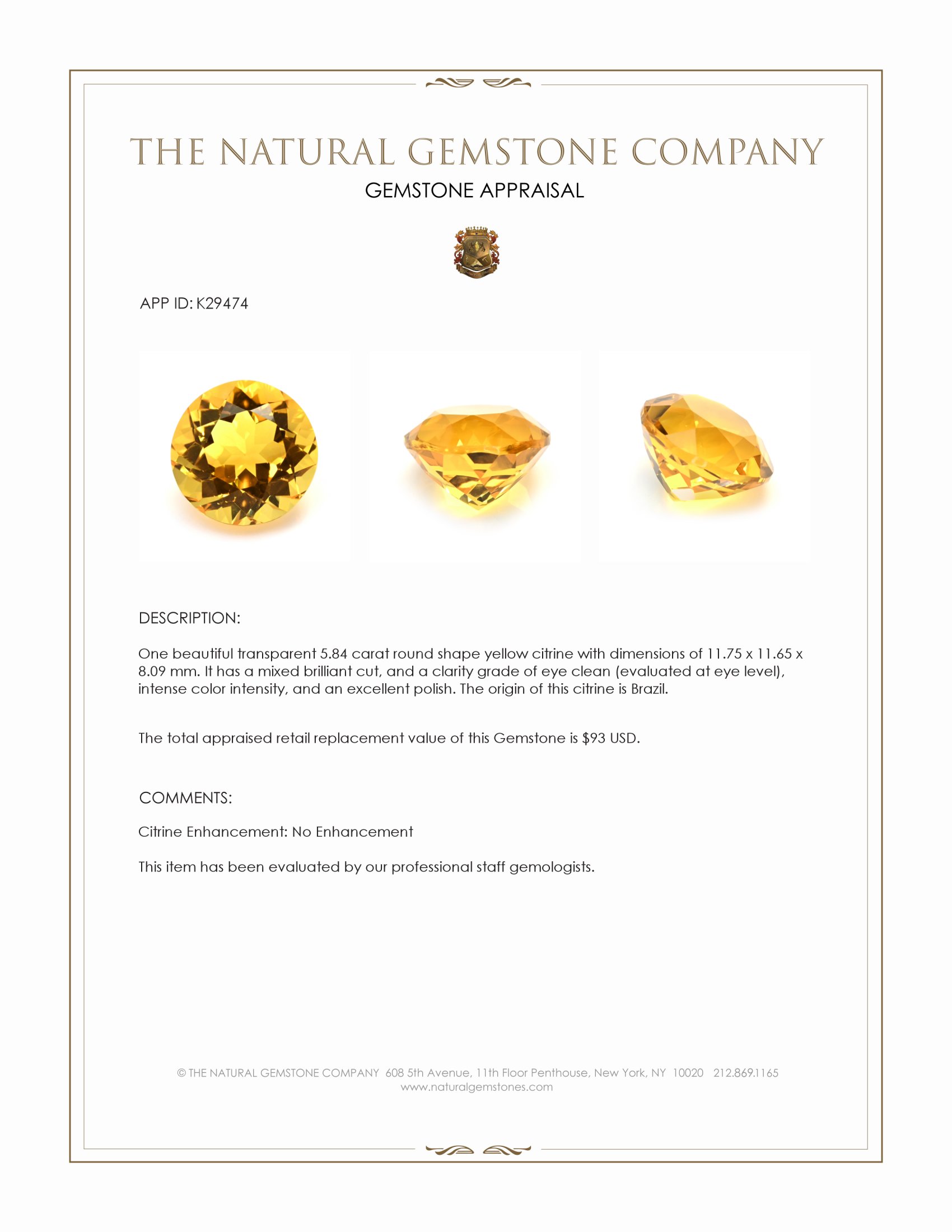 5.84 Ct. Yellow Citrine from Brazil