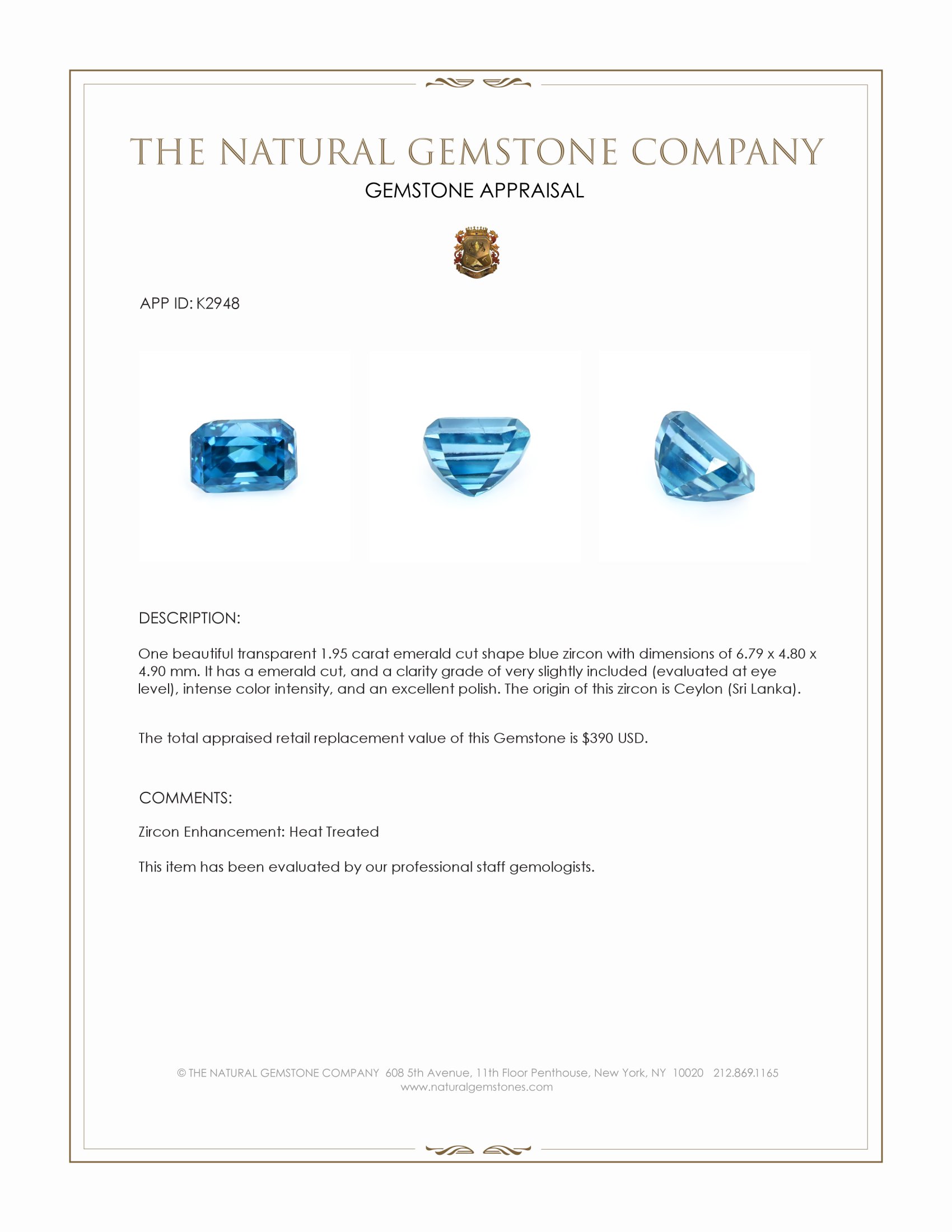 1.95 Ct. Blue Zircon from Ceylon (Sri Lanka)