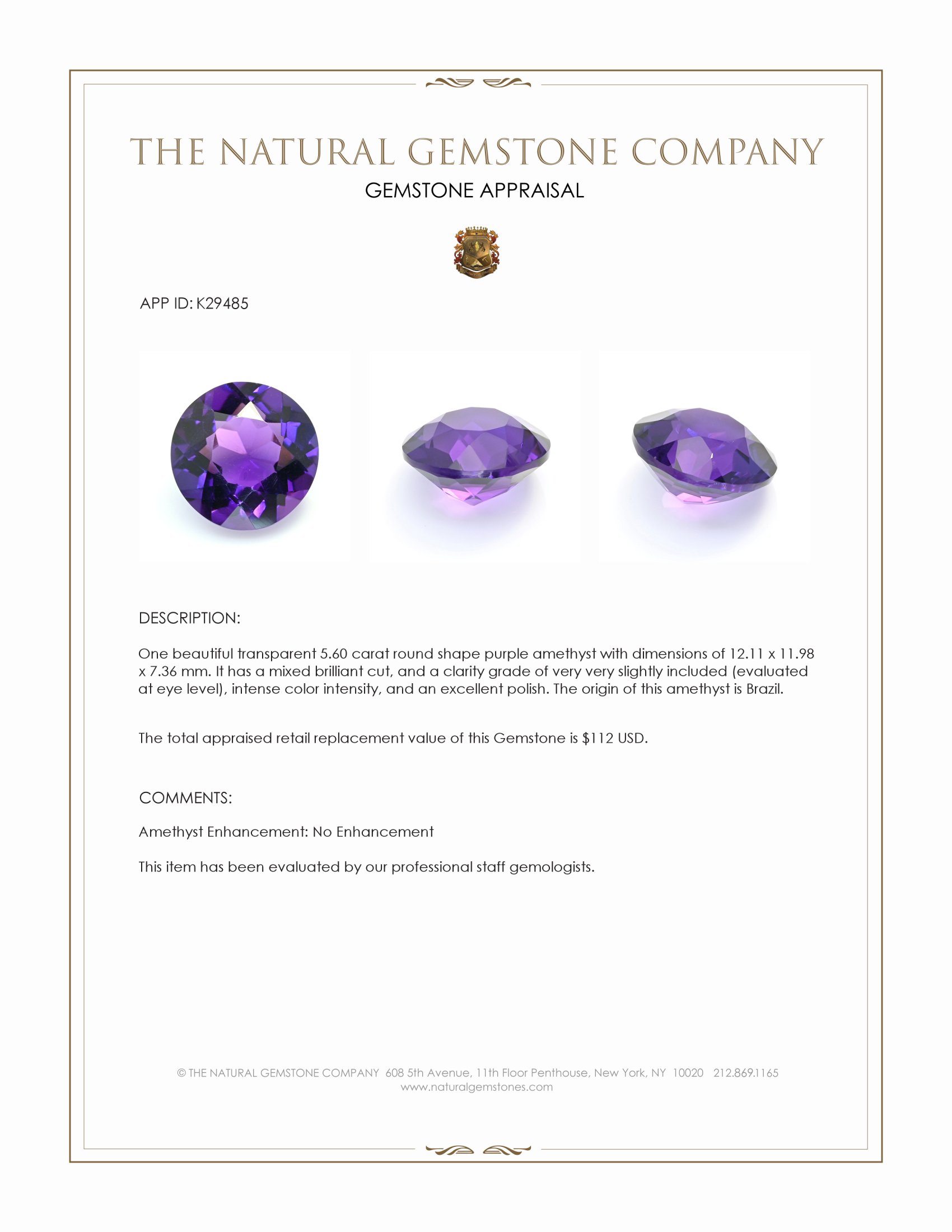 5.60 Ct. Purple Amethyst from Brazil