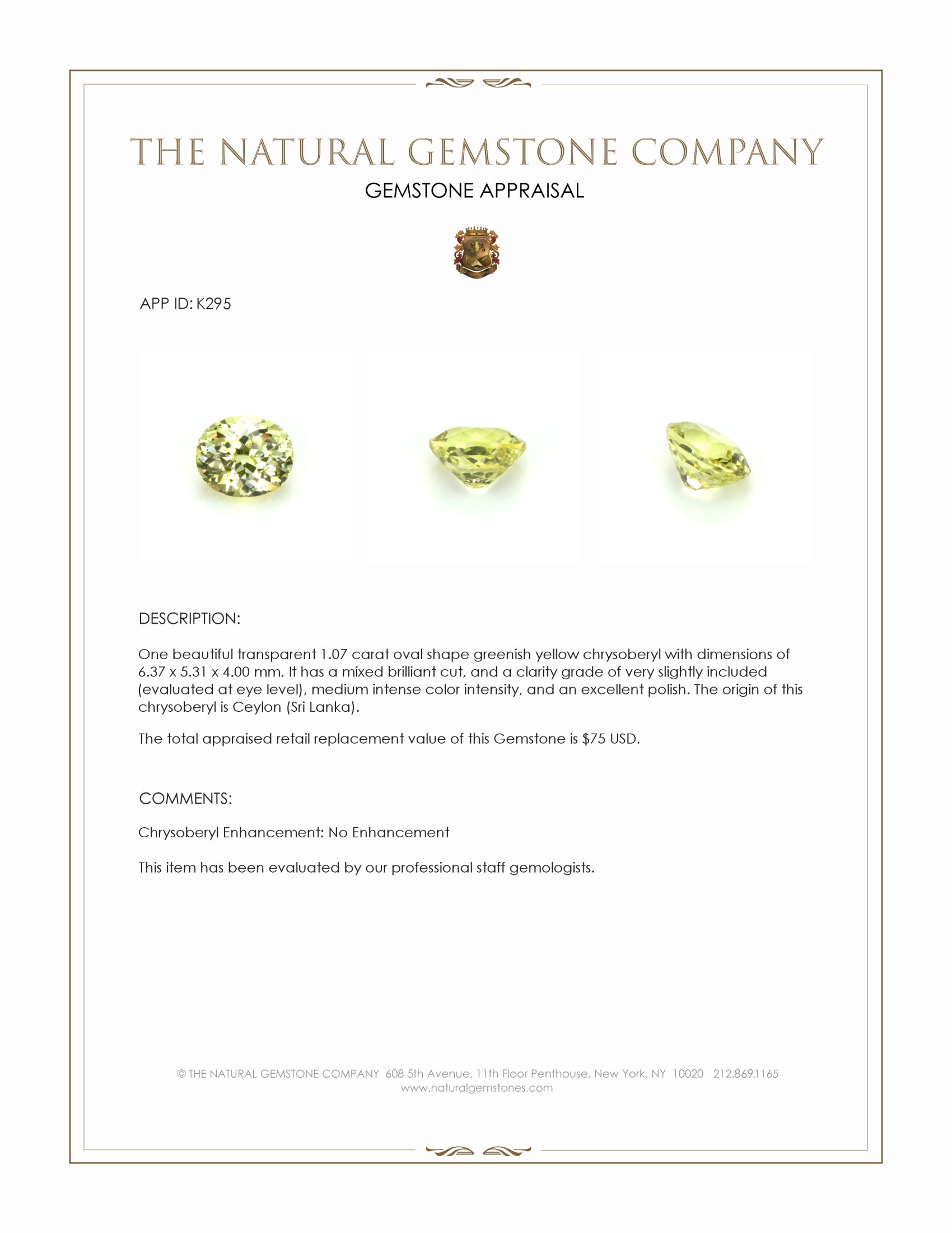 1.07 Ct. Chrysoberyl from Ceylon (Sri Lanka)