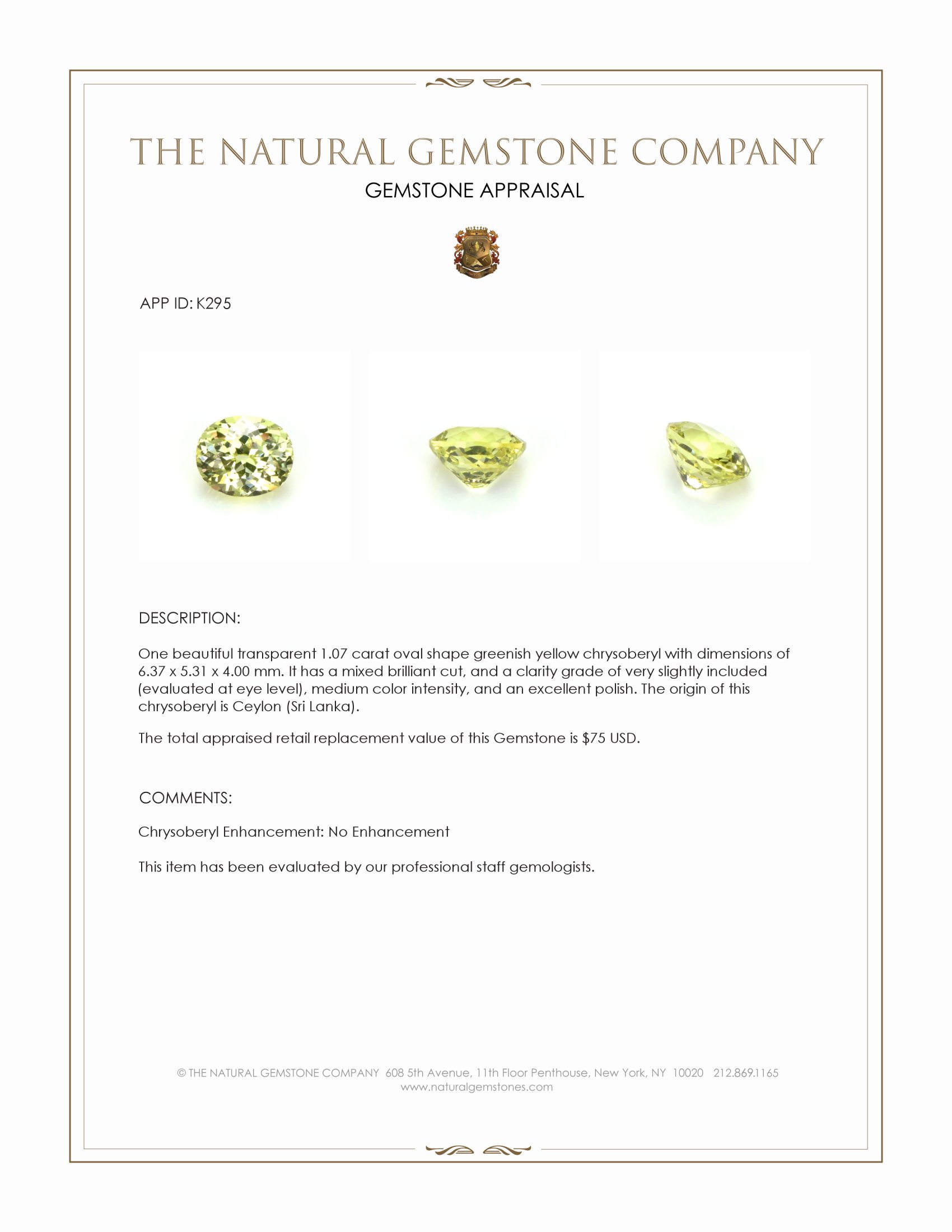 1.07 Ct. Chrysoberyl from Ceylon (Sri Lanka)