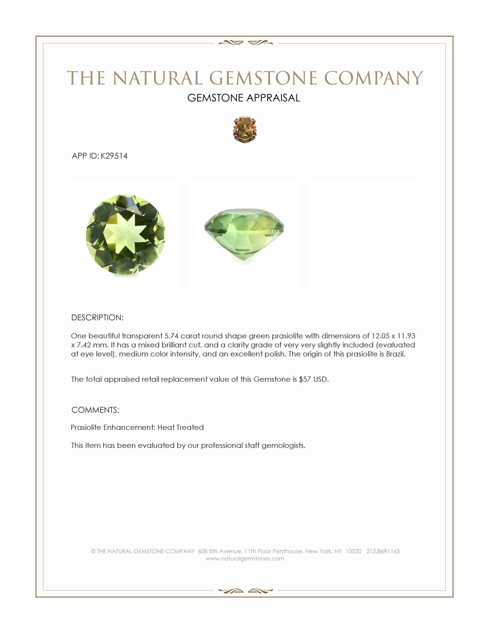 5.74 Ct. Green Prasiolite from Brazil