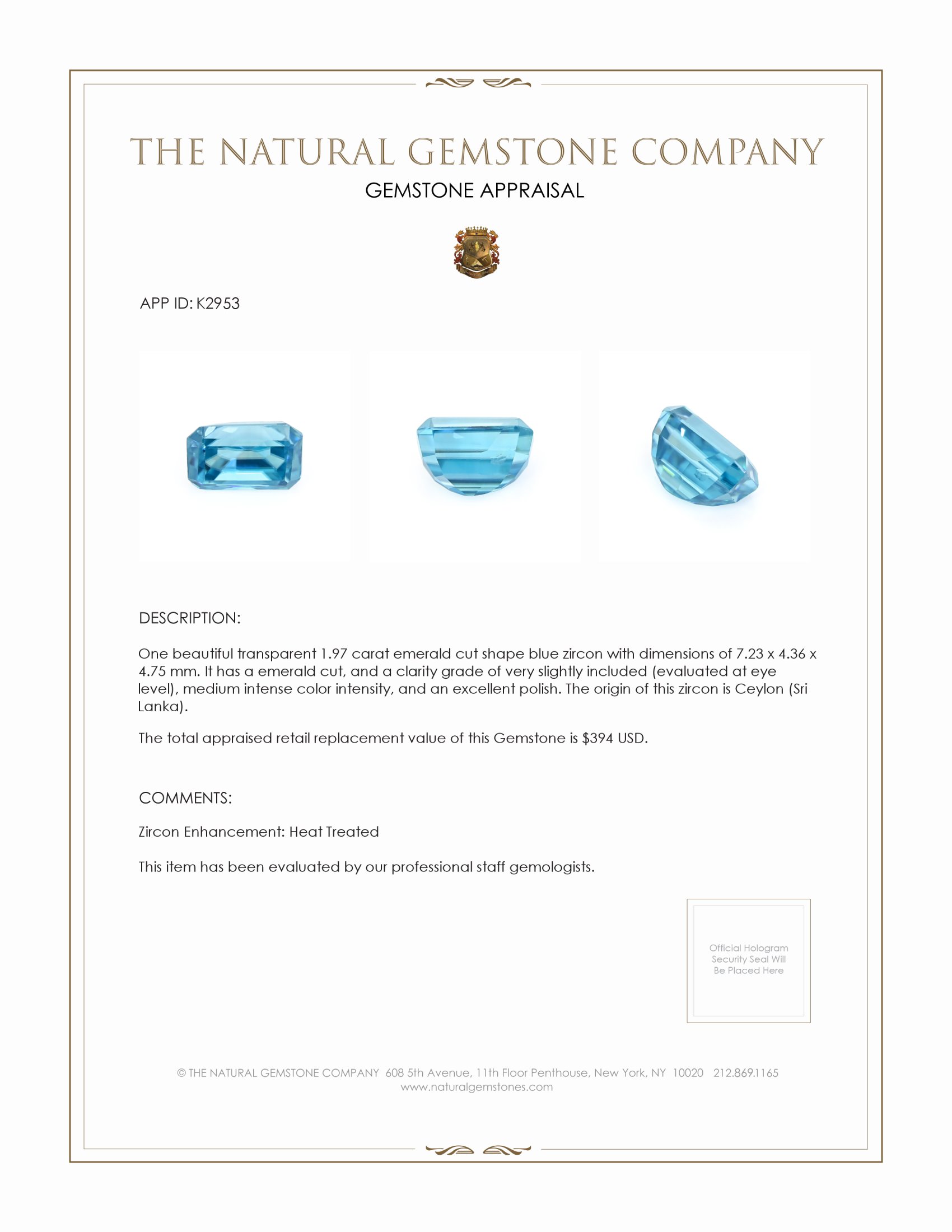 1.97 Ct. Zircon from Ceylon (Sri Lanka)