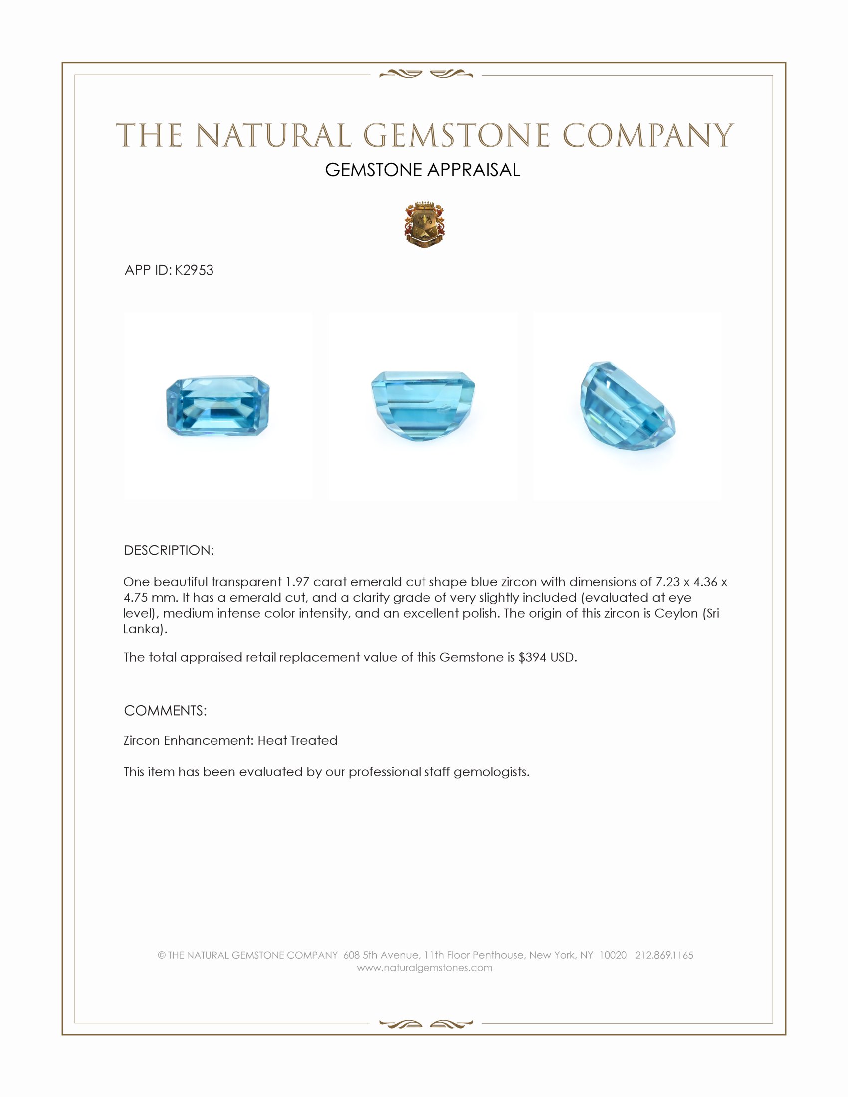 1.97 Ct. Zircon from Ceylon (Sri Lanka)