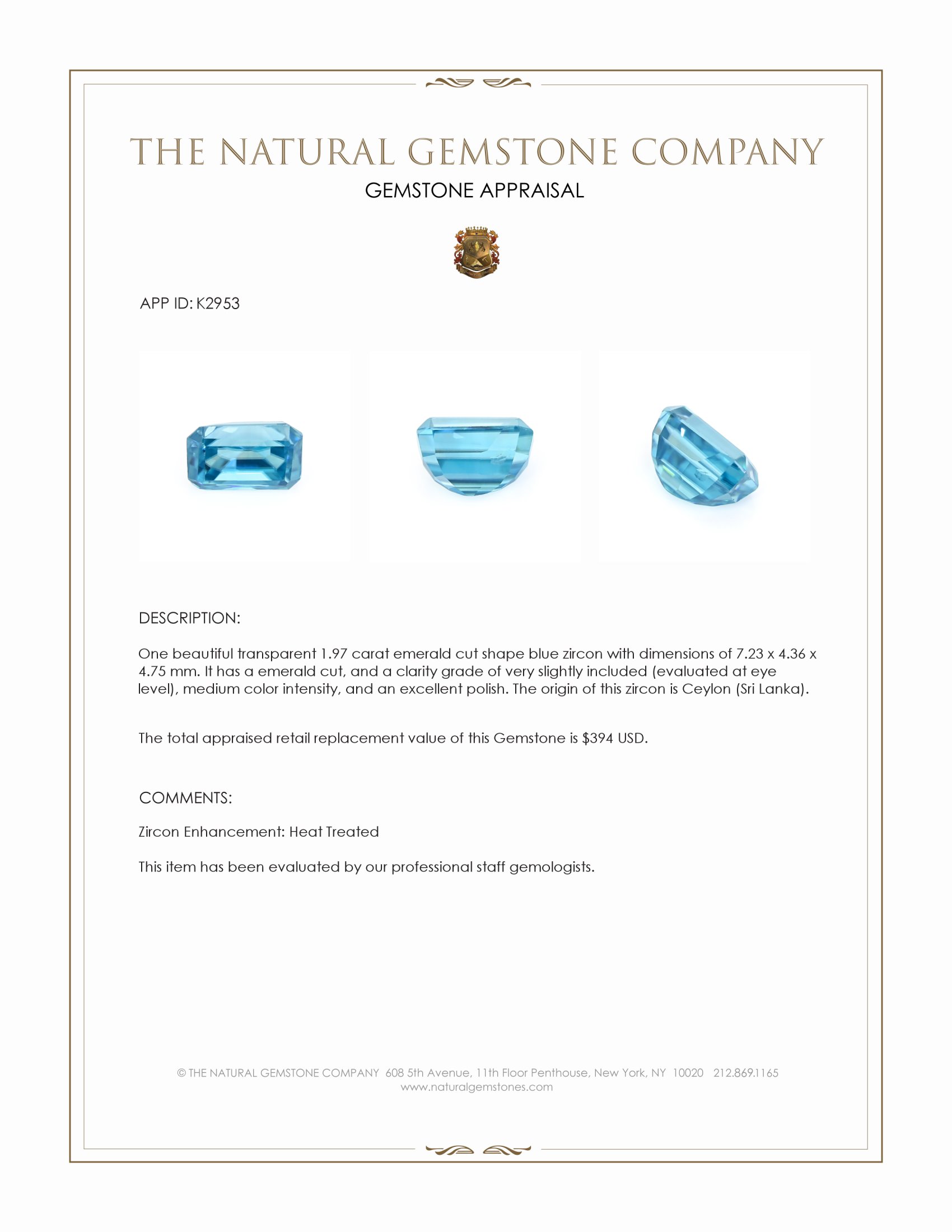 1.97 Ct. Blue Zircon from Ceylon (Sri Lanka)