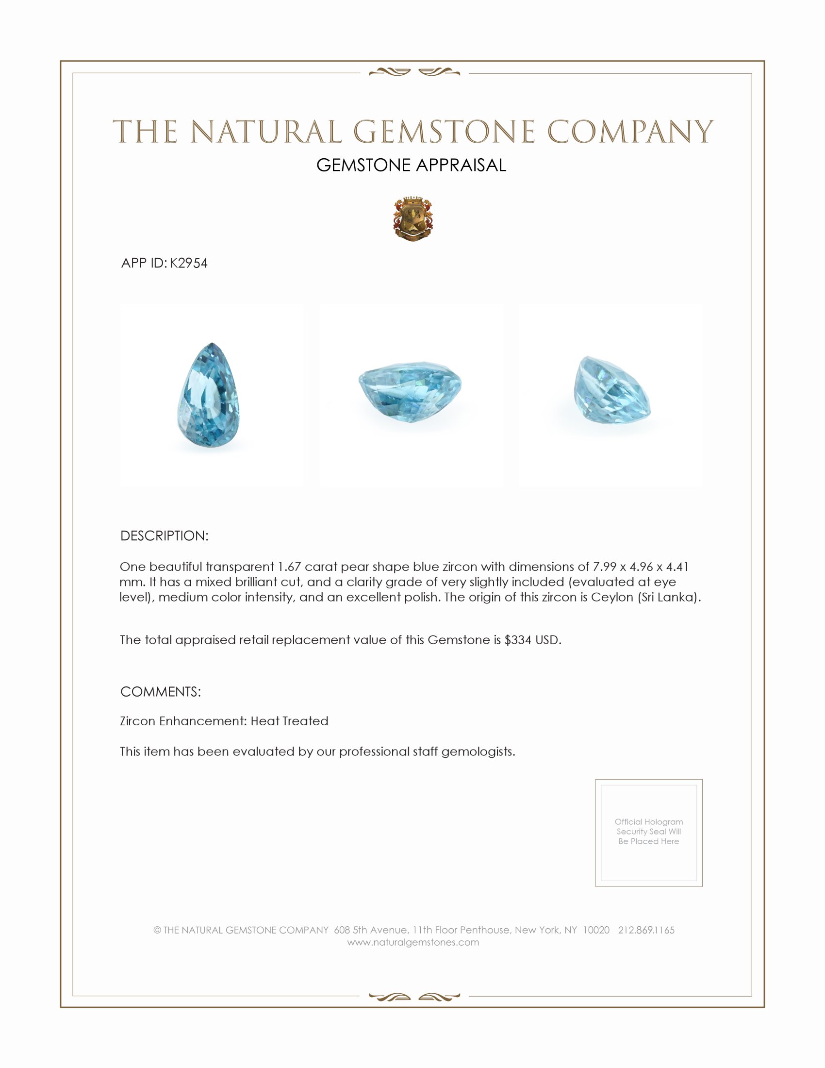 1.67 Ct. Blue Zircon from Ceylon (Sri Lanka)