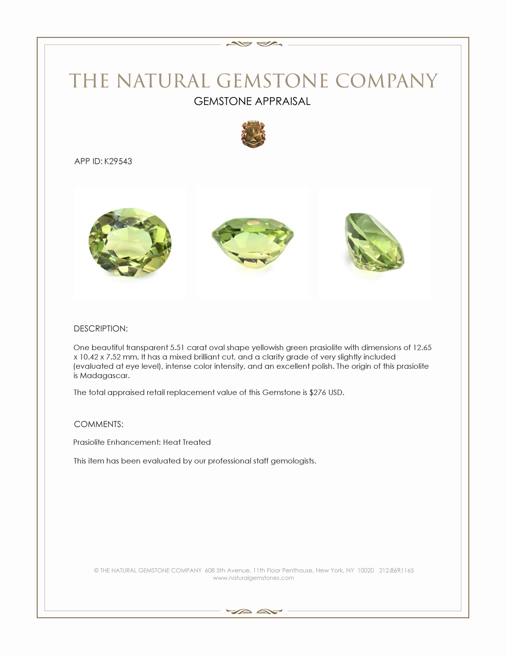 5.51 Ct. Yellowish Green Prasiolite from Madagascar