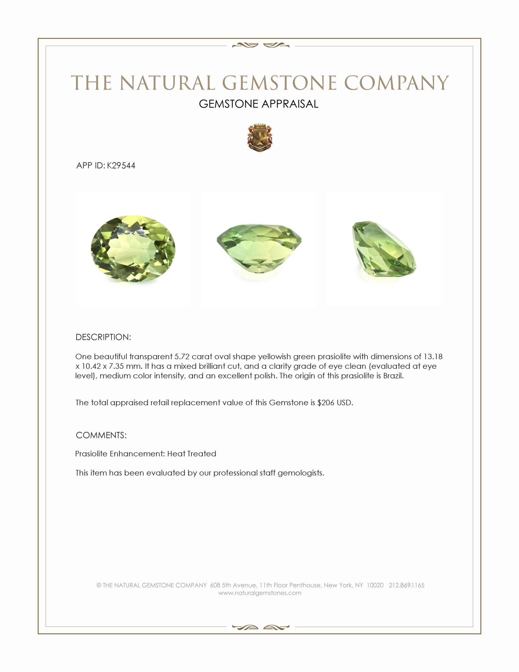 5.72 Ct. Yellowish Green Prasiolite from Brazil