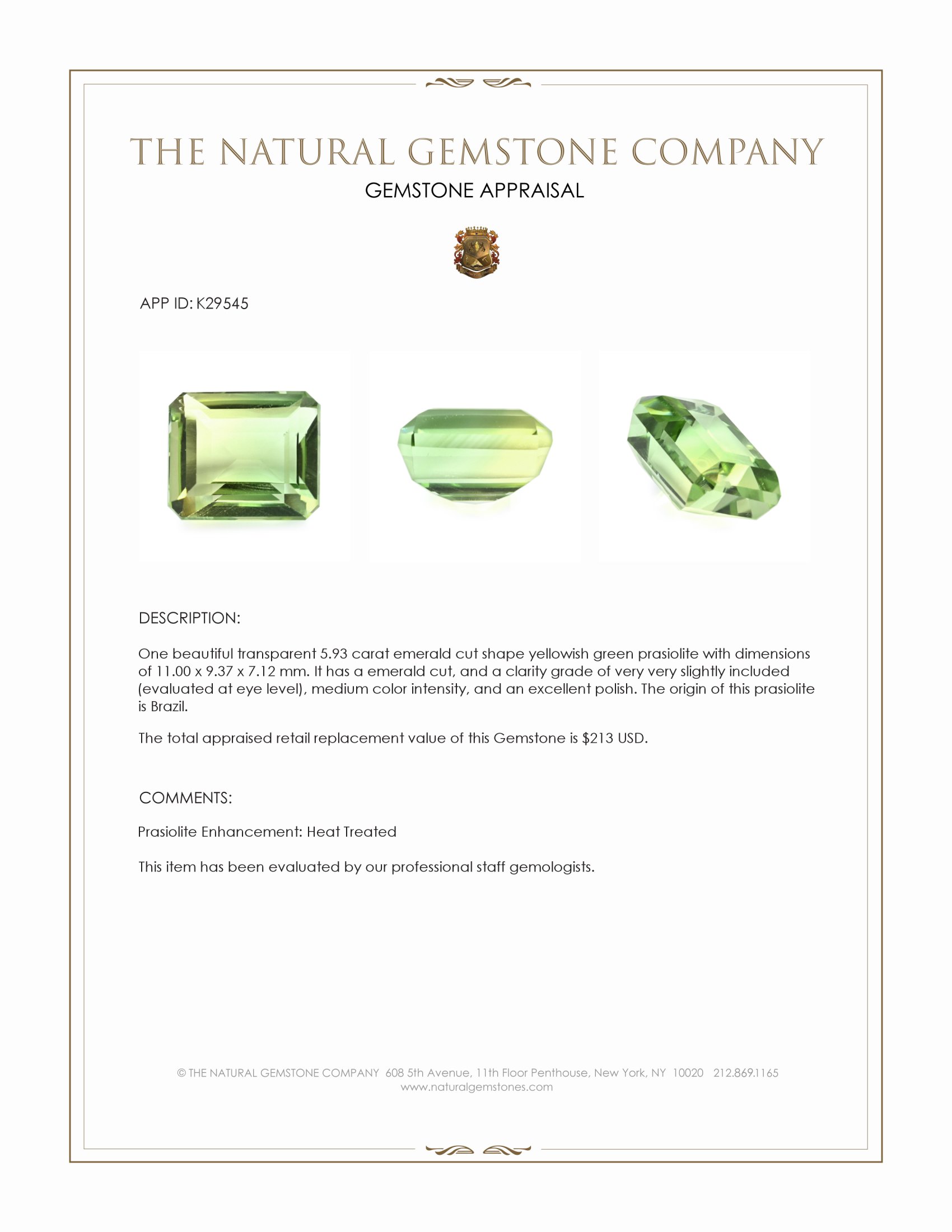 5.93 Ct. Yellowish Green Prasiolite from Brazil