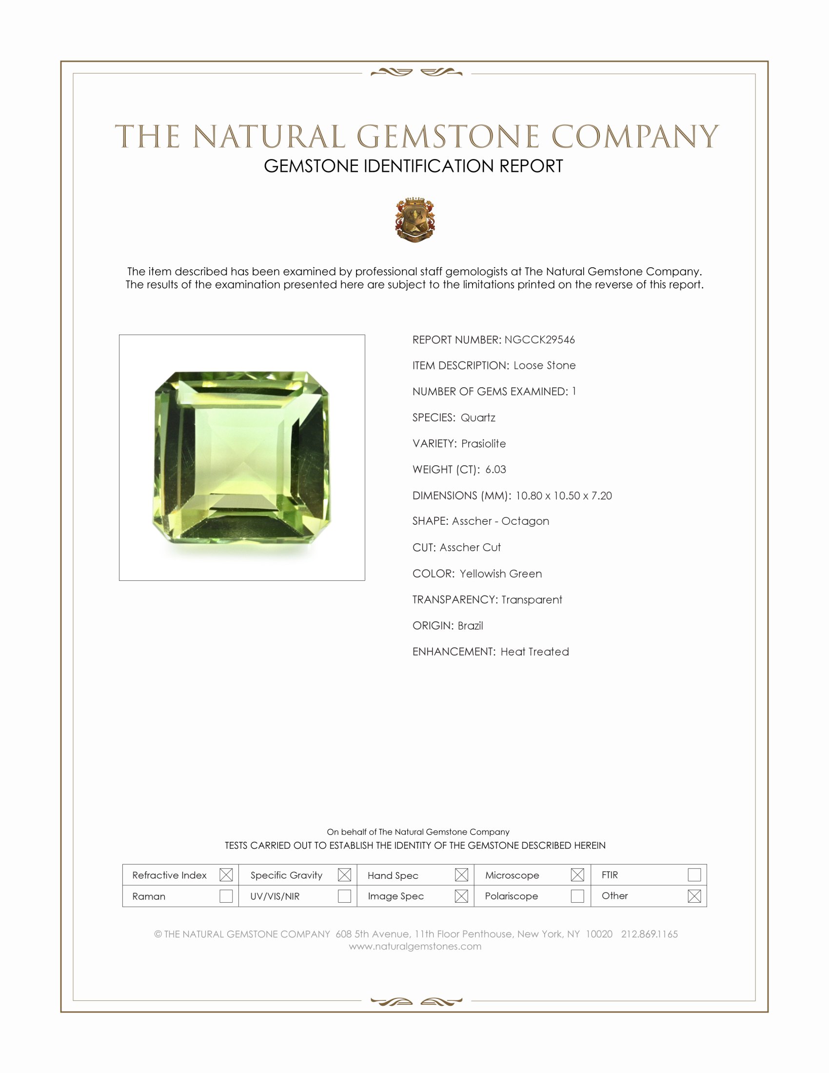 6.03 Ct. Yellowish Green Prasiolite from Brazil