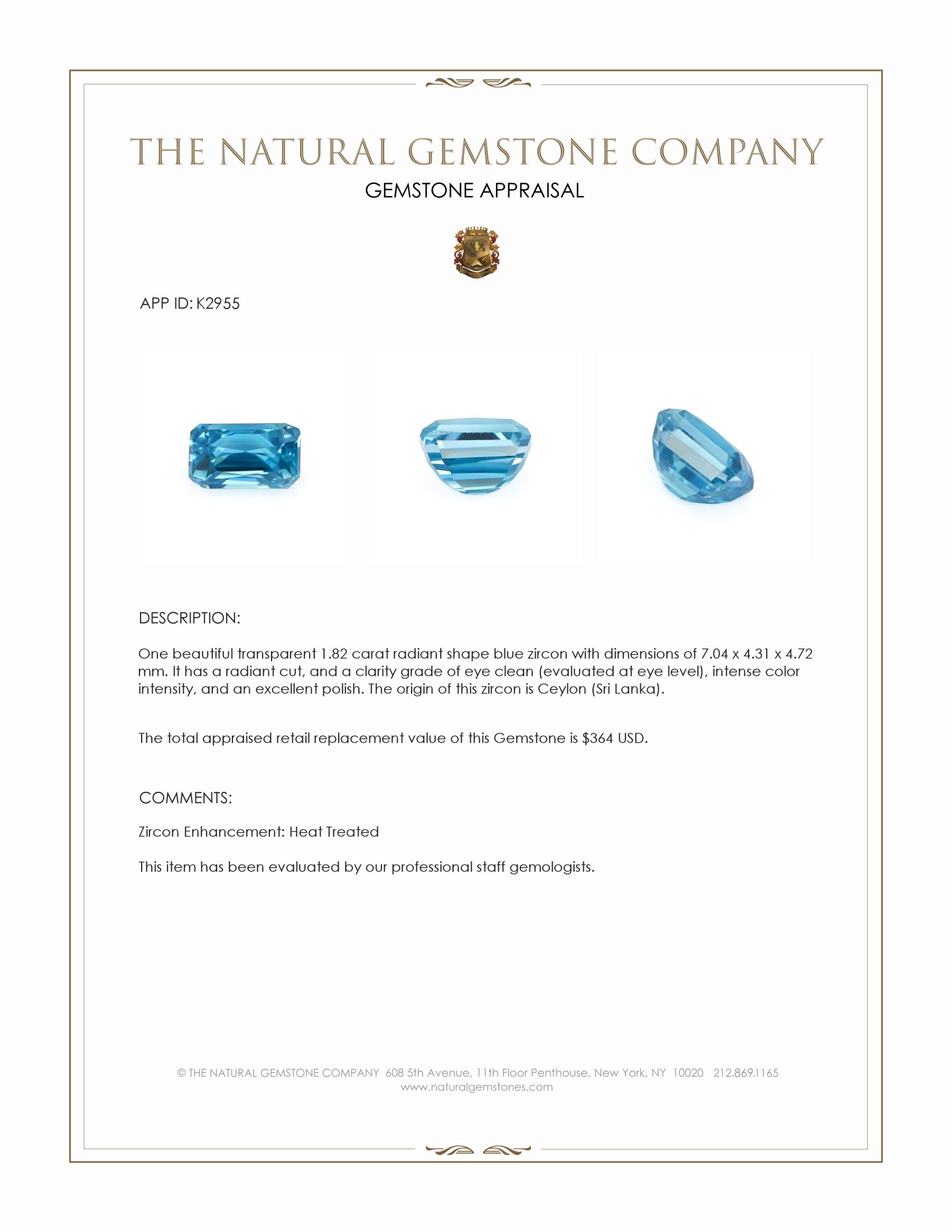 1.82 Ct. Blue Zircon from Ceylon (Sri Lanka)