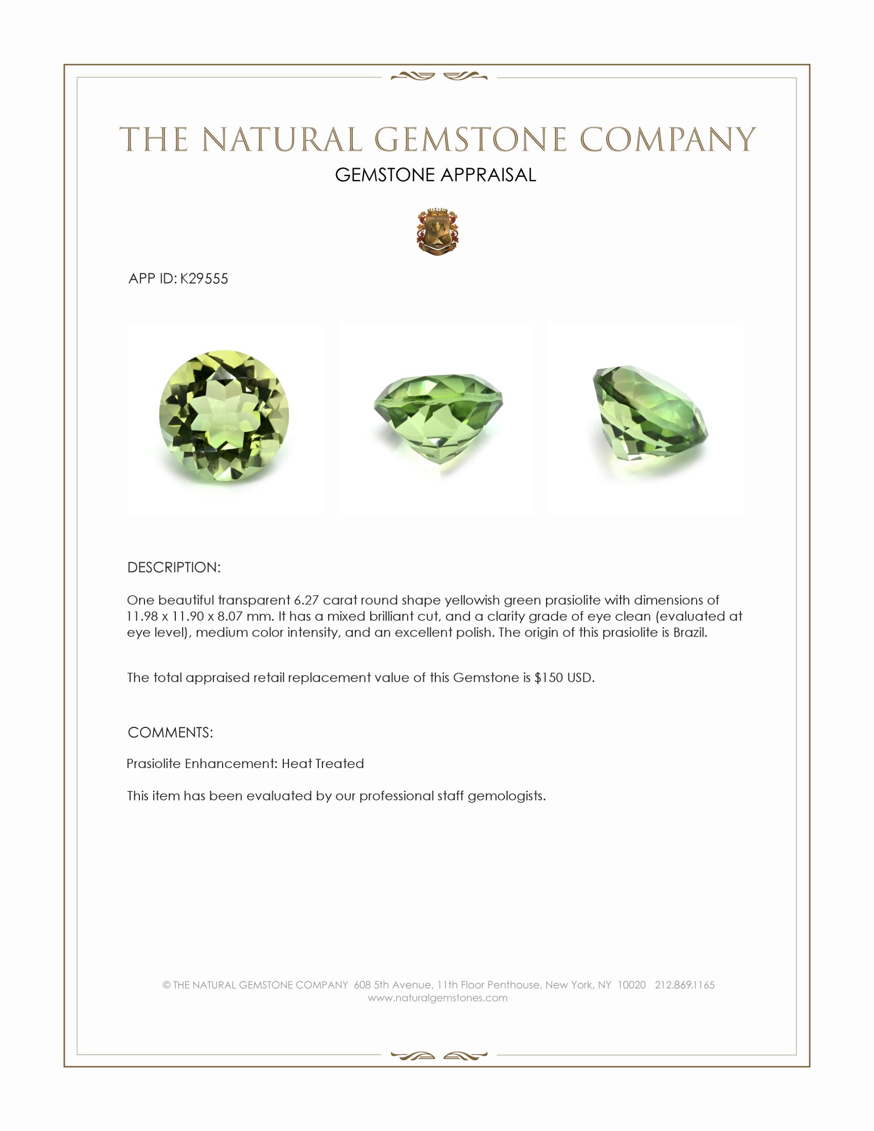6.27 Ct. Yellowish Green Prasiolite from Brazil