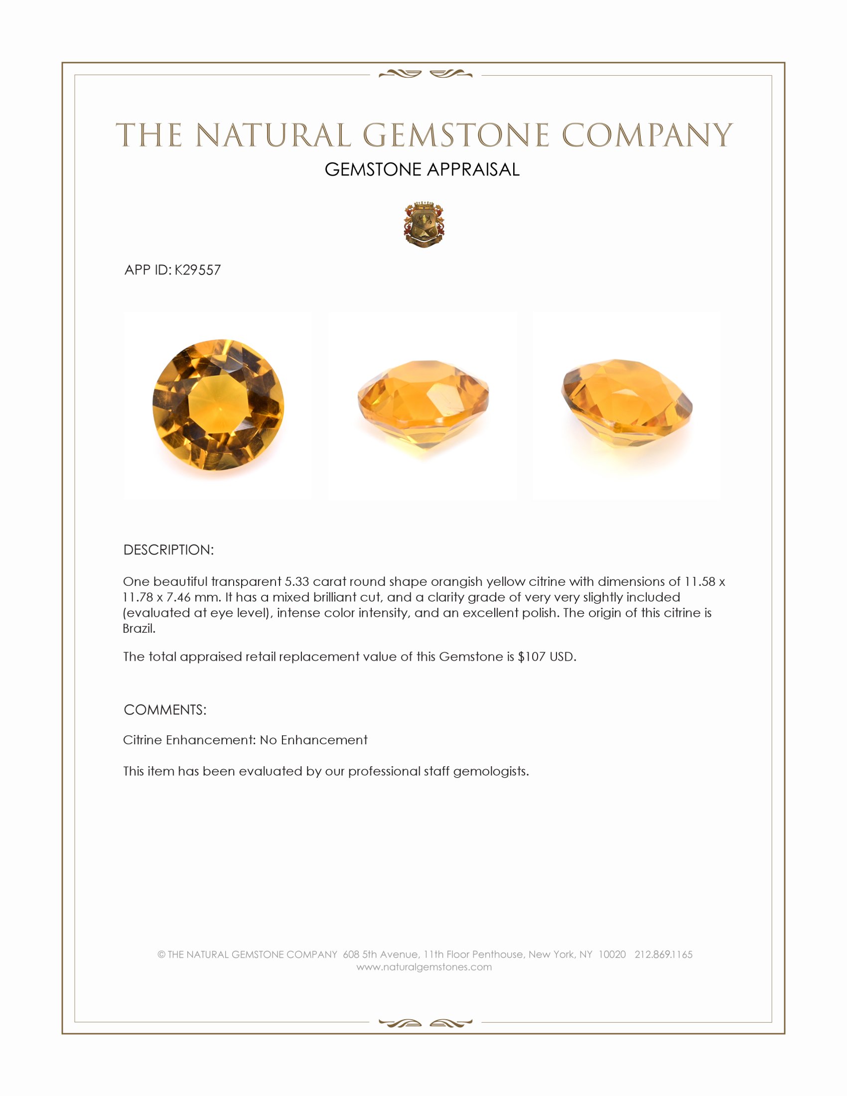 5.33 Ct. Orangish Yellow Citrine from Brazil
