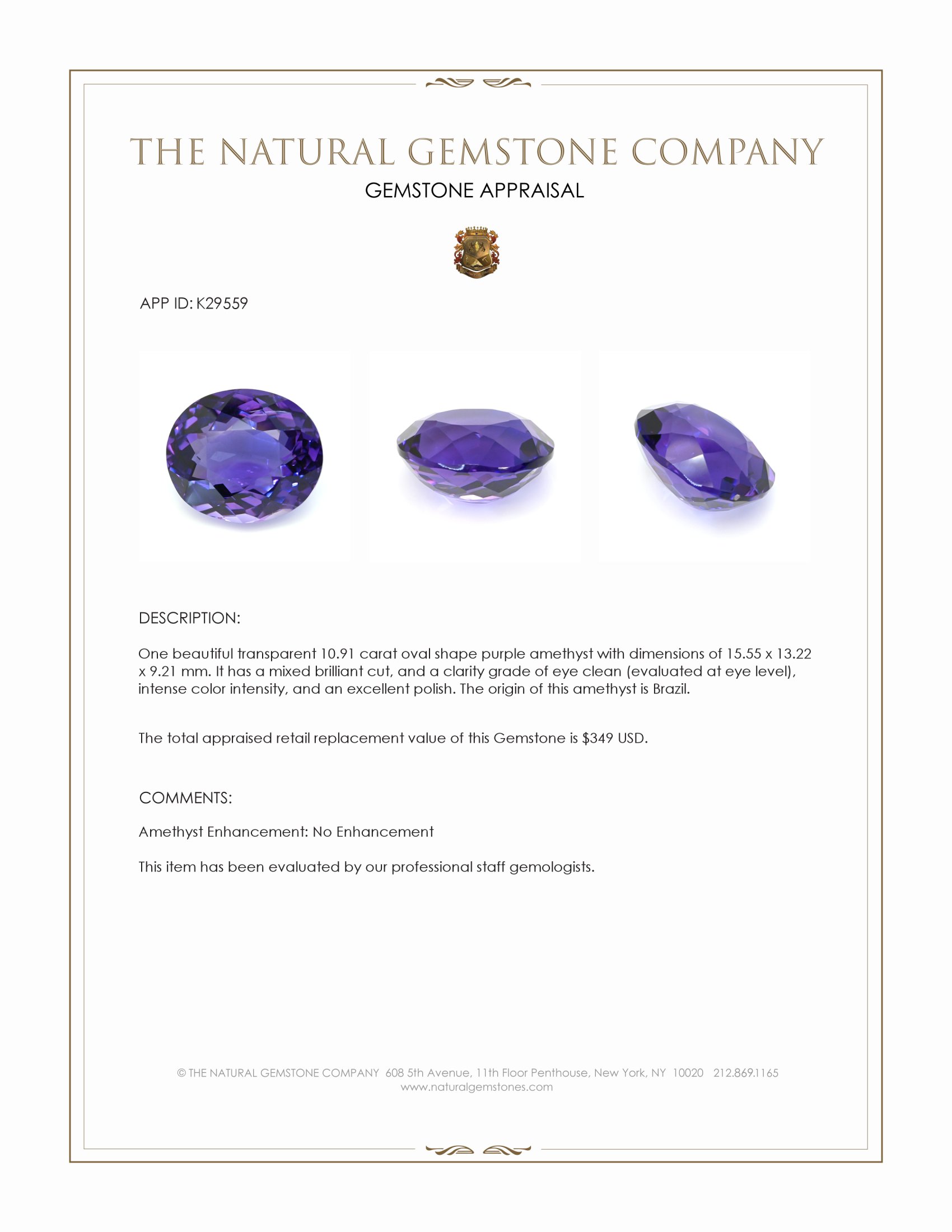 10.91 Ct. Purple Amethyst from Brazil
