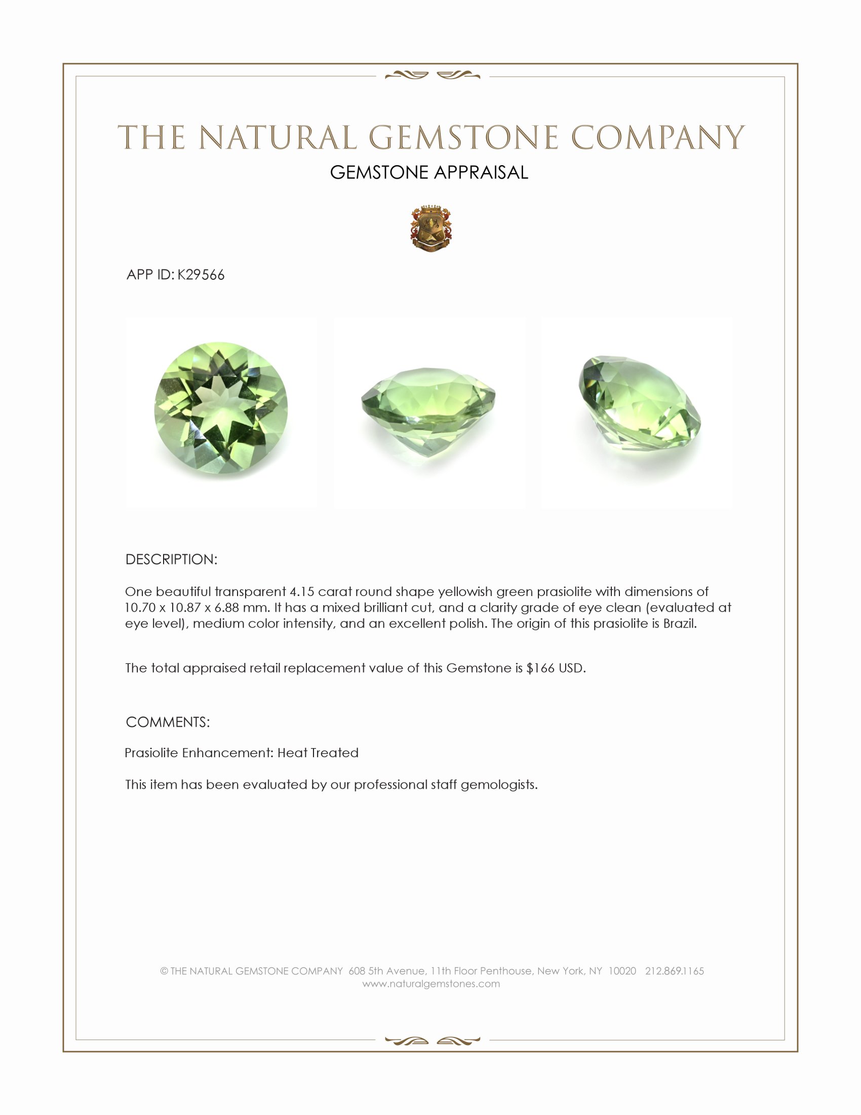 4.15 Ct. Yellowish Green Prasiolite from Brazil