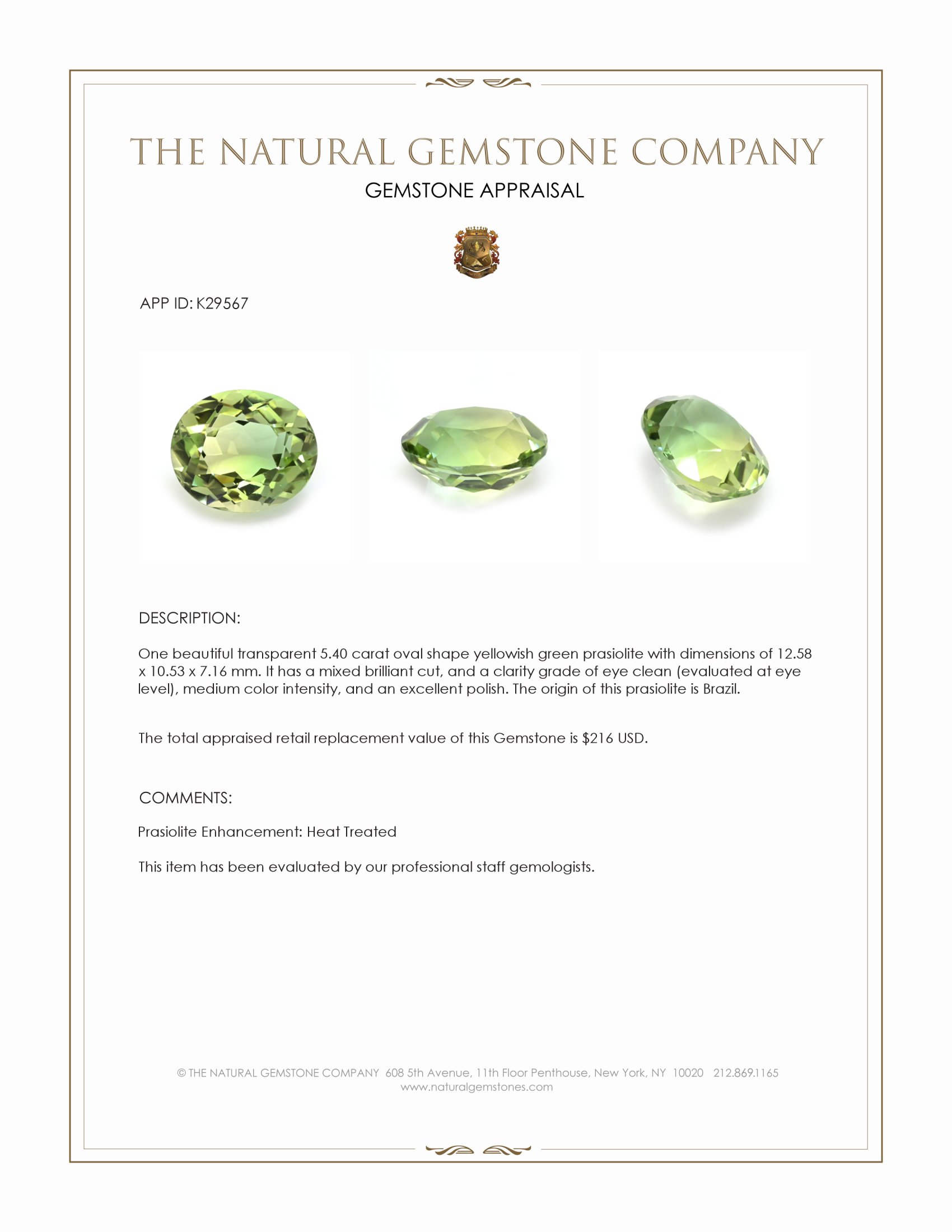 5.40 Ct. Yellowish Green Prasiolite from Brazil